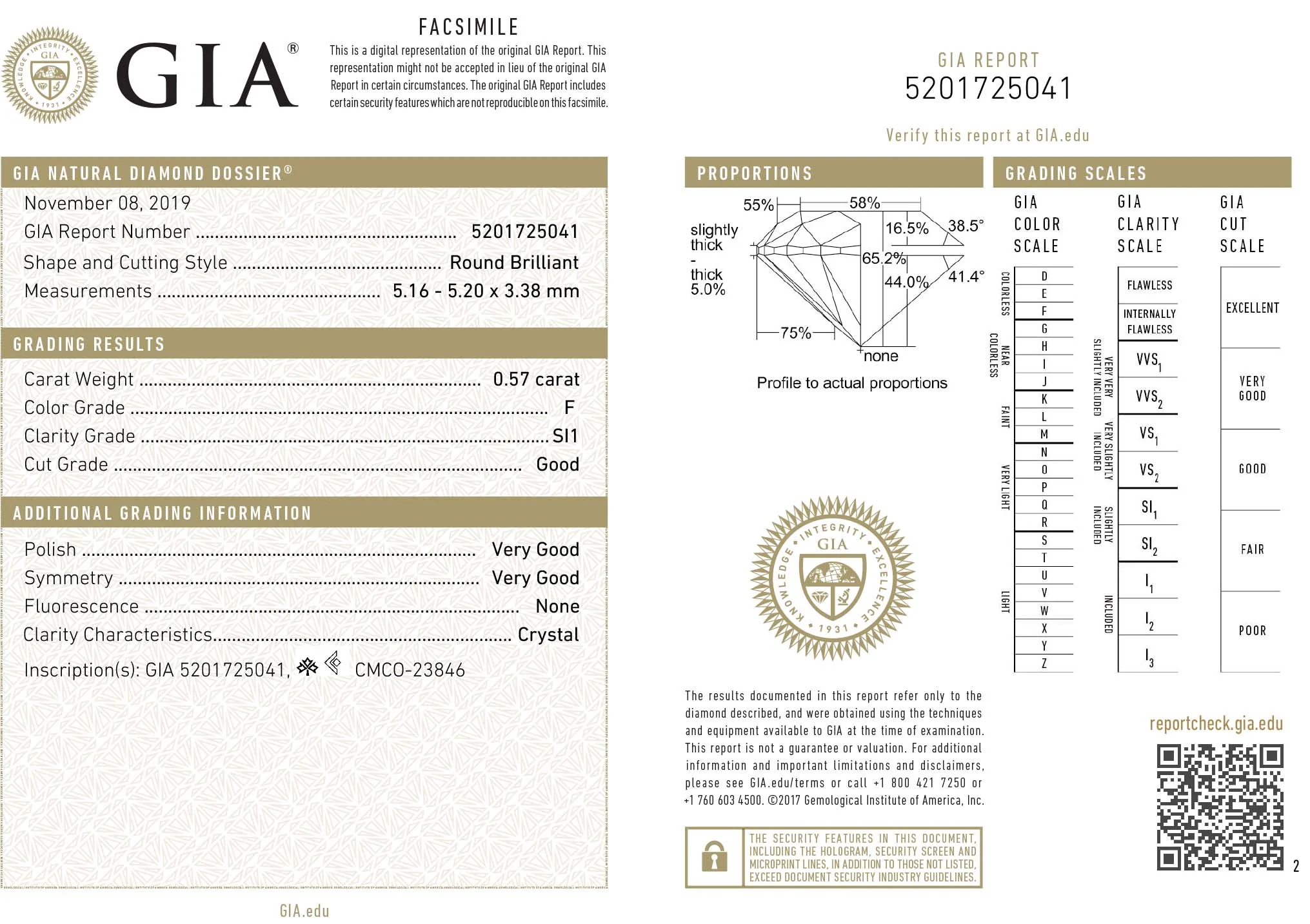 GIA Certified 0.57 Ct Round cut F SI1 Loose Diamond