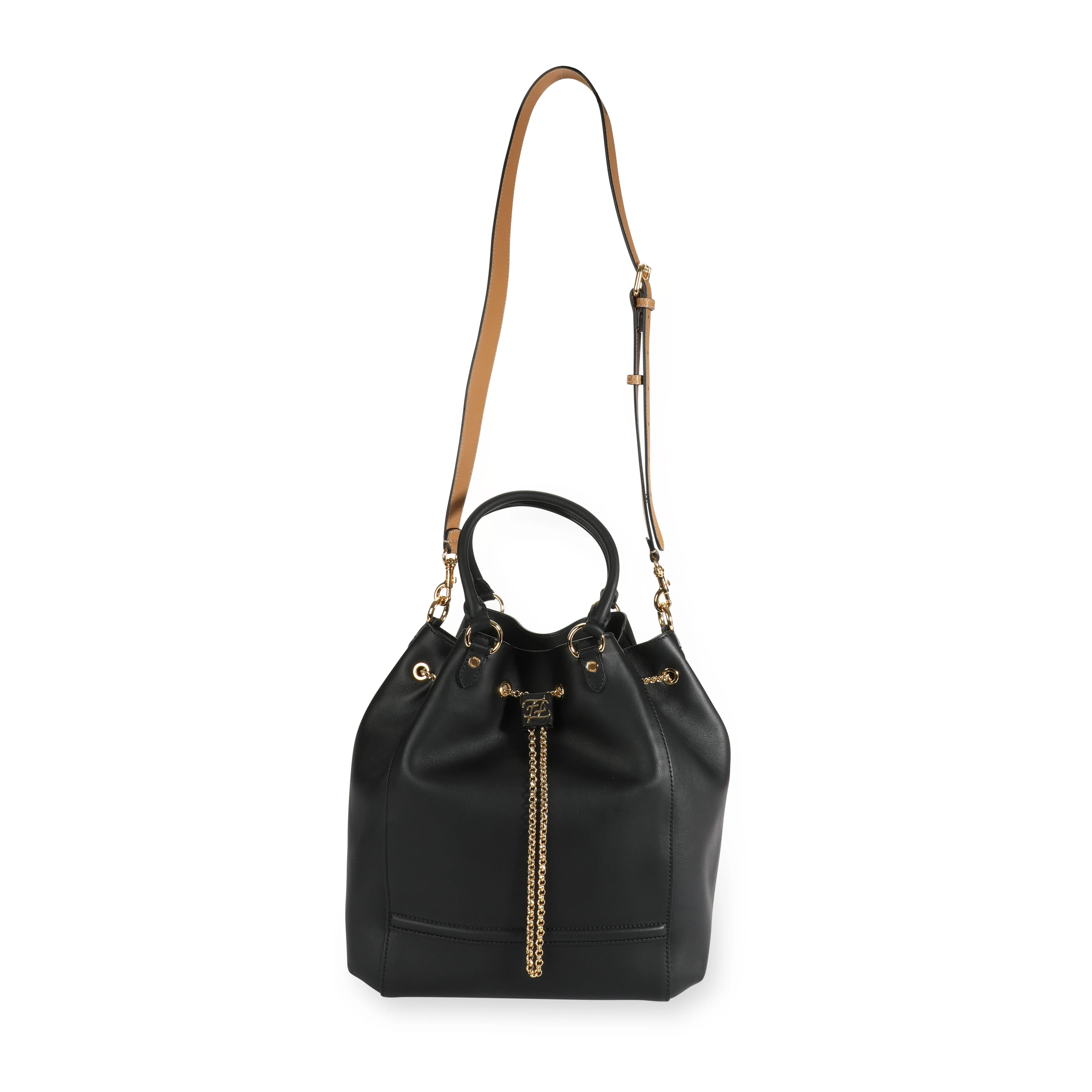 Black Vitello Leather Karligraphy Chain Bucket Bag - Image 3