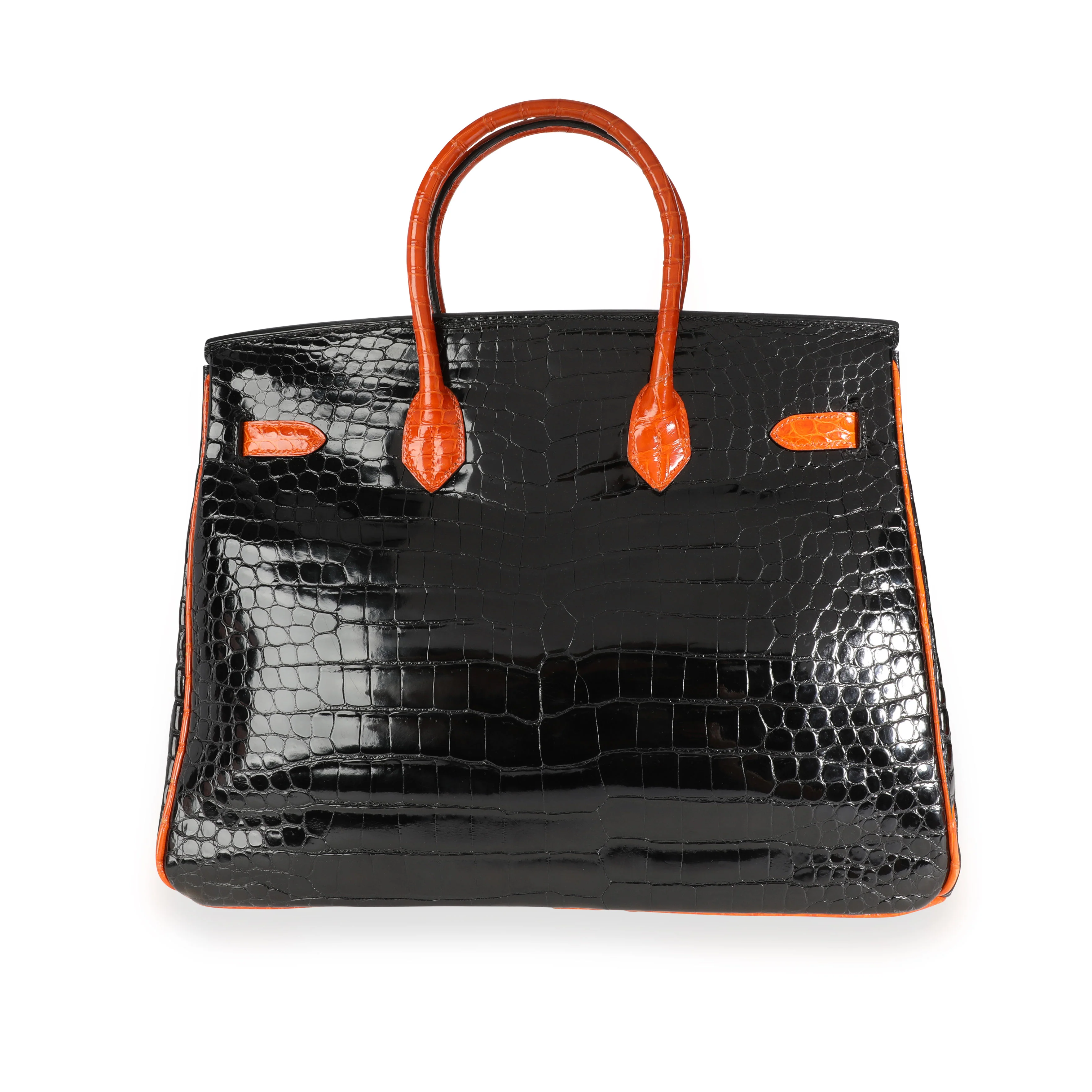 Hermès Limited Edition Black & Orange Shiny Porosus Crocodile Birkin 35 PHW - Image 3
