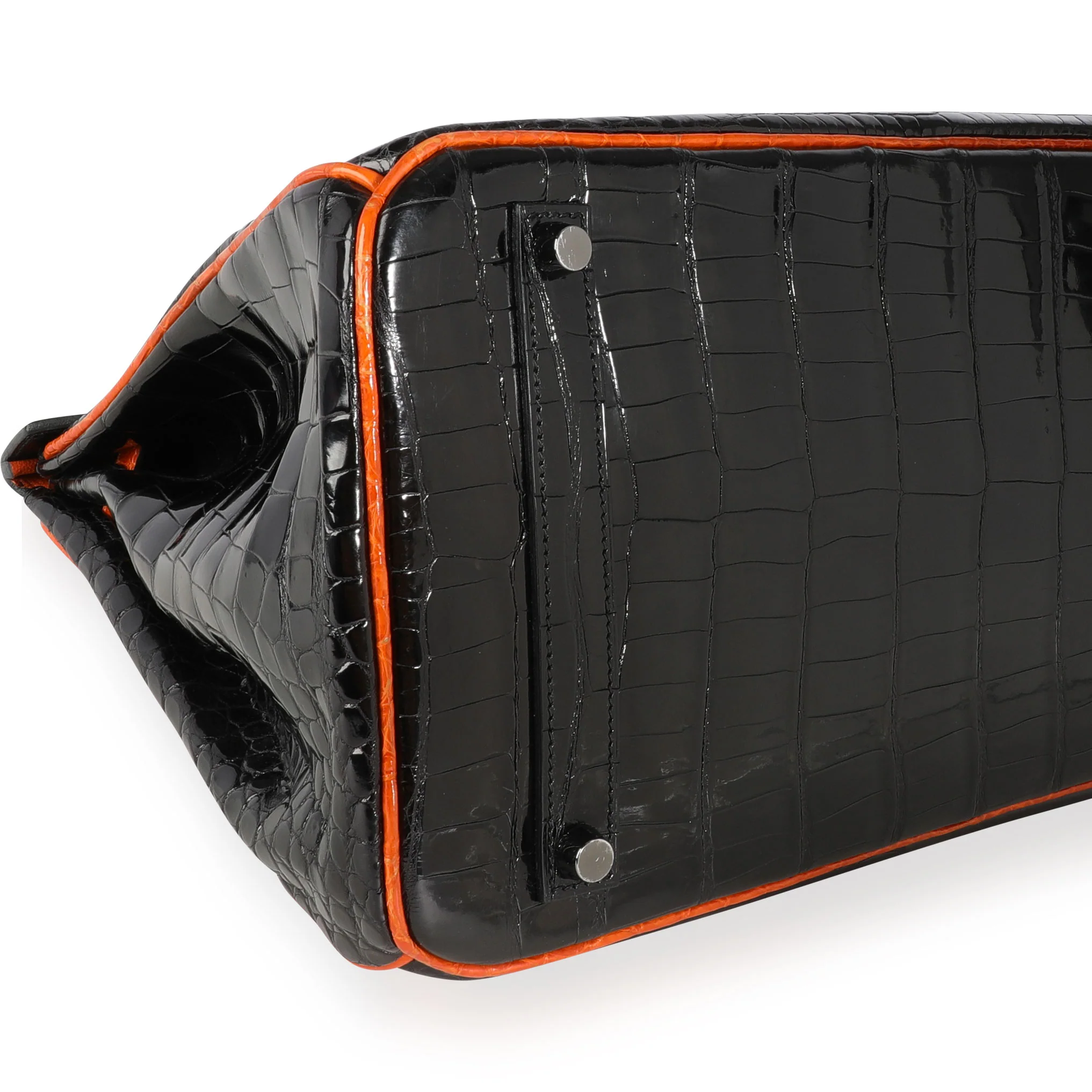Hermès Limited Edition Black & Orange Shiny Porosus Crocodile Birkin 35 PHW - Image 5