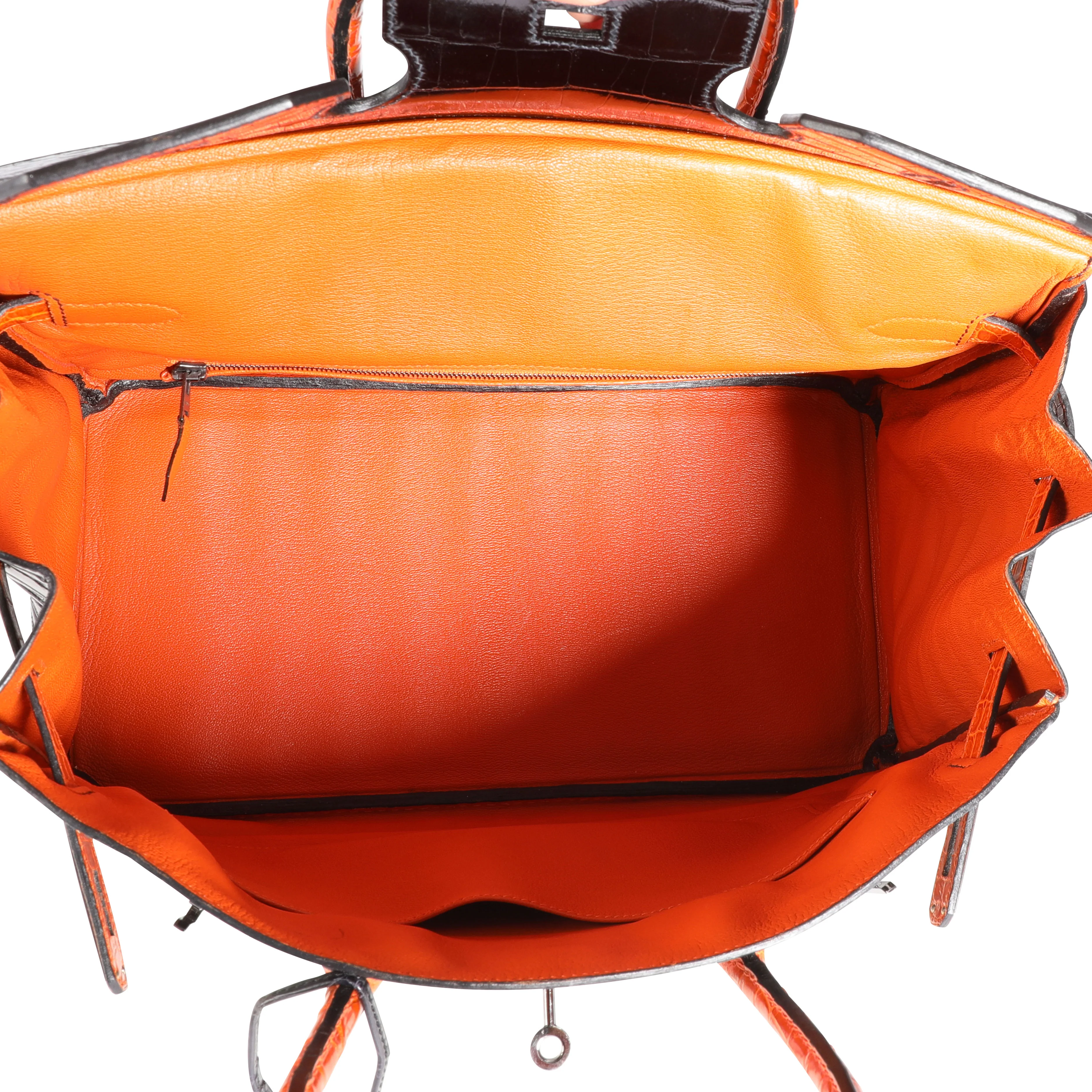 Hermès Limited Edition Black & Orange Shiny Porosus Crocodile Birkin 35 PHW - Image 7