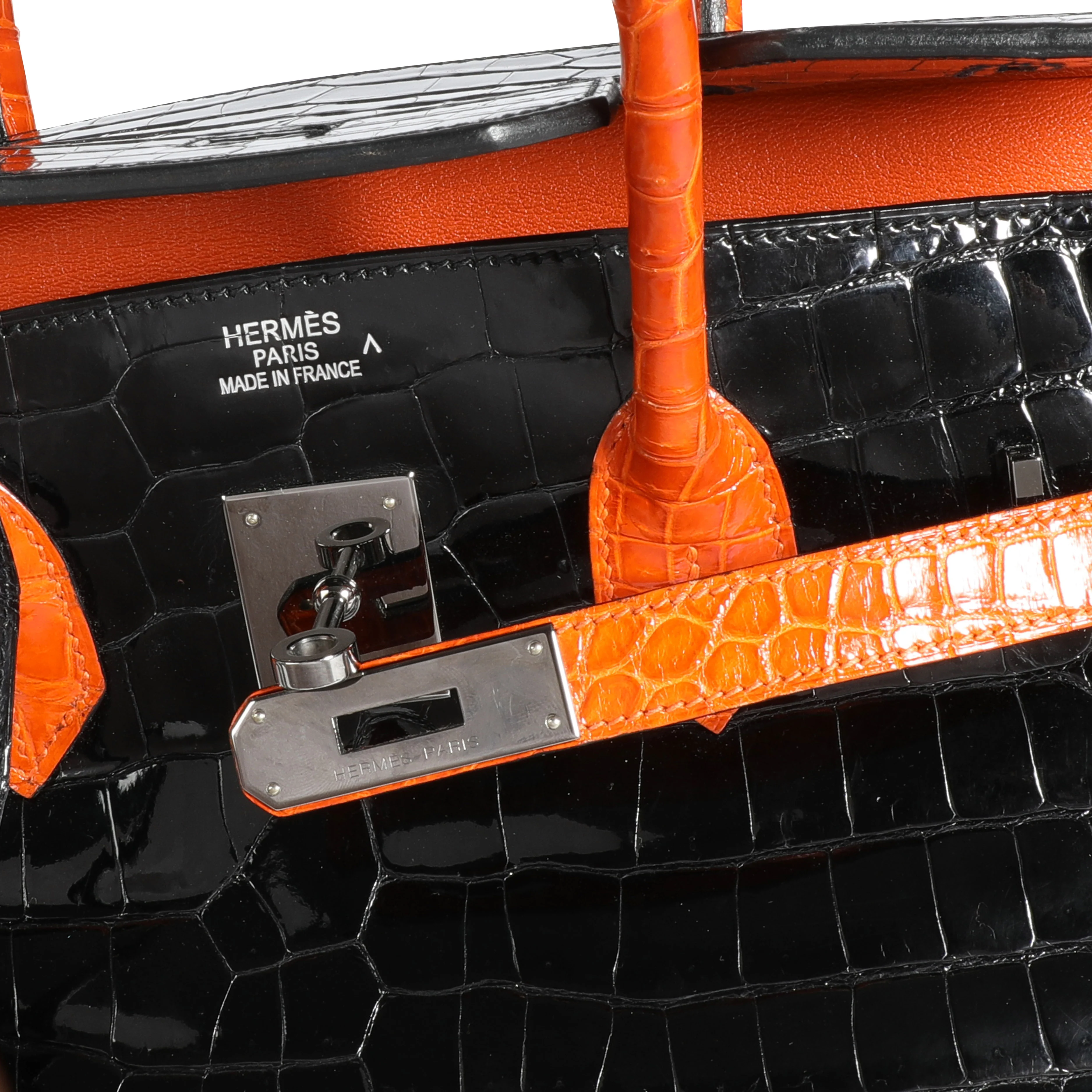 Hermès Limited Edition Black & Orange Shiny Porosus Crocodile Birkin 35 PHW - Image 8