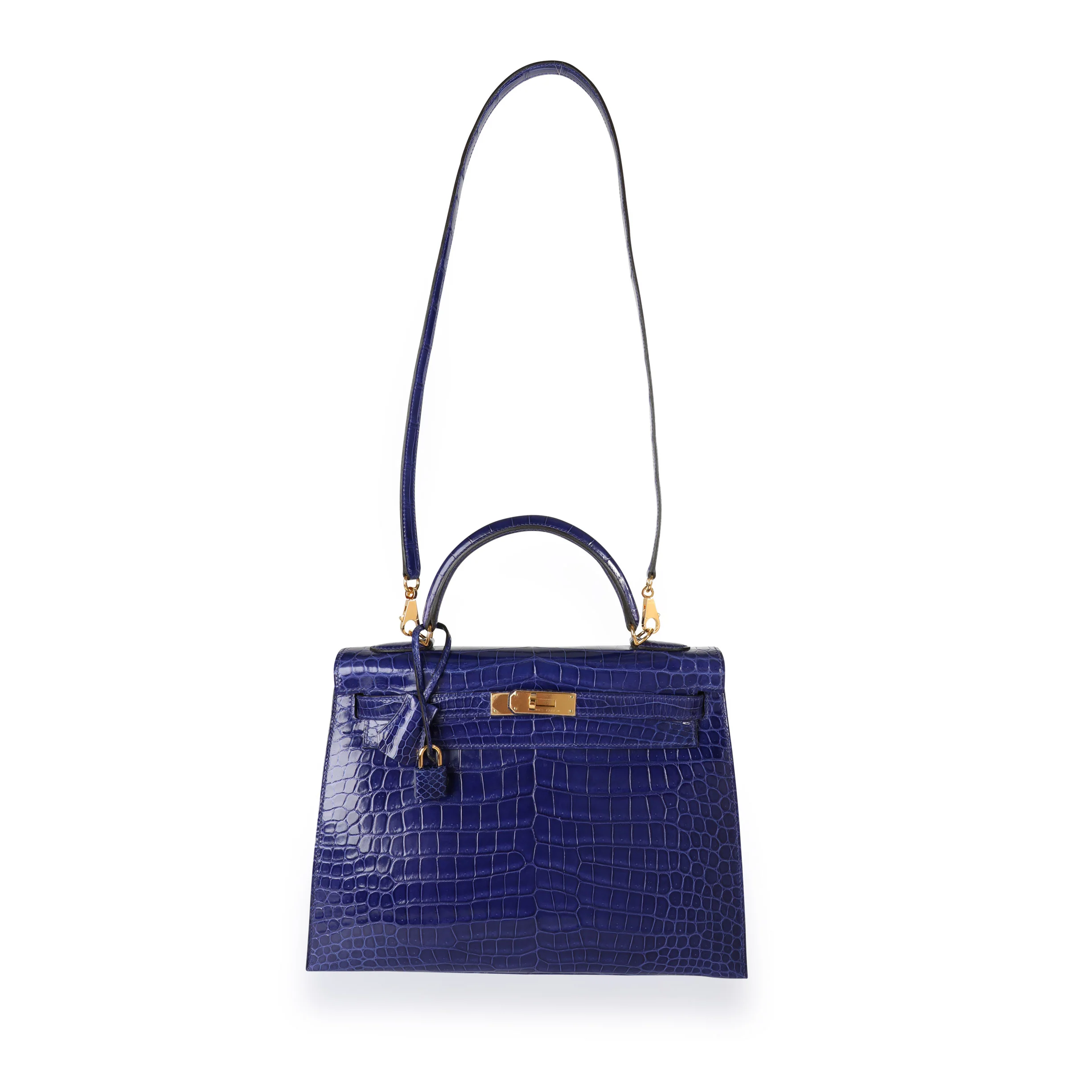 Bleu Électrique Shiny Porosus Crocodile Sellier Kelly 32 GHW - Image 4