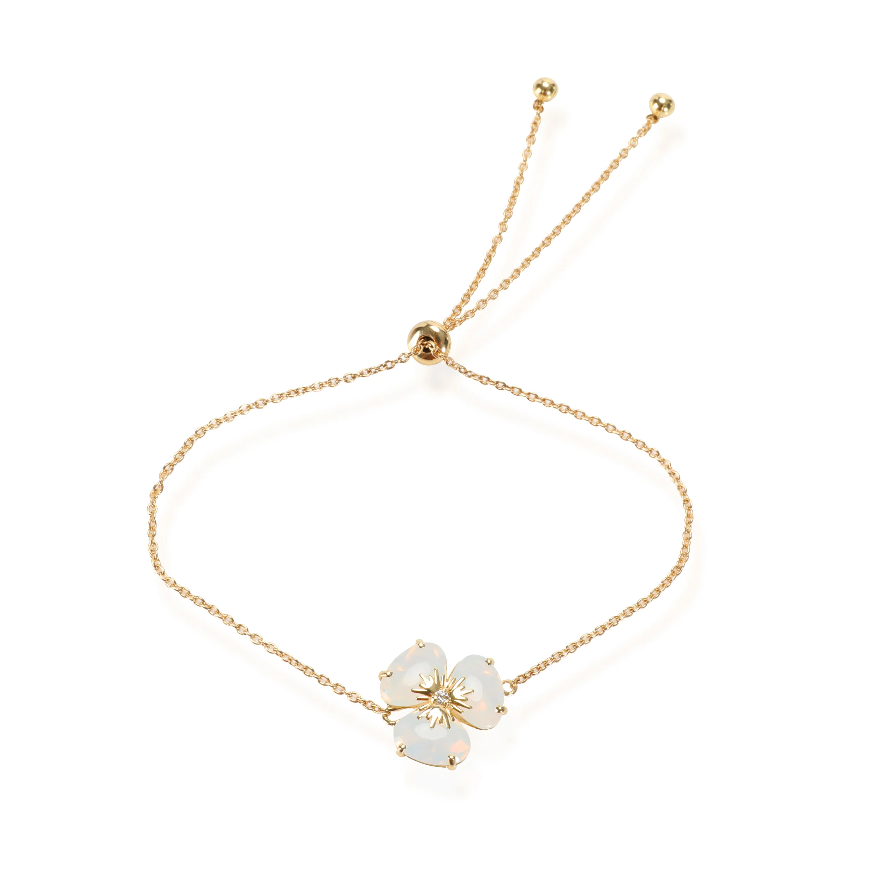 Opal Quartz Diamond Flower Bolo Bracelet in 18K Yellow Gold 0.02 CTW
