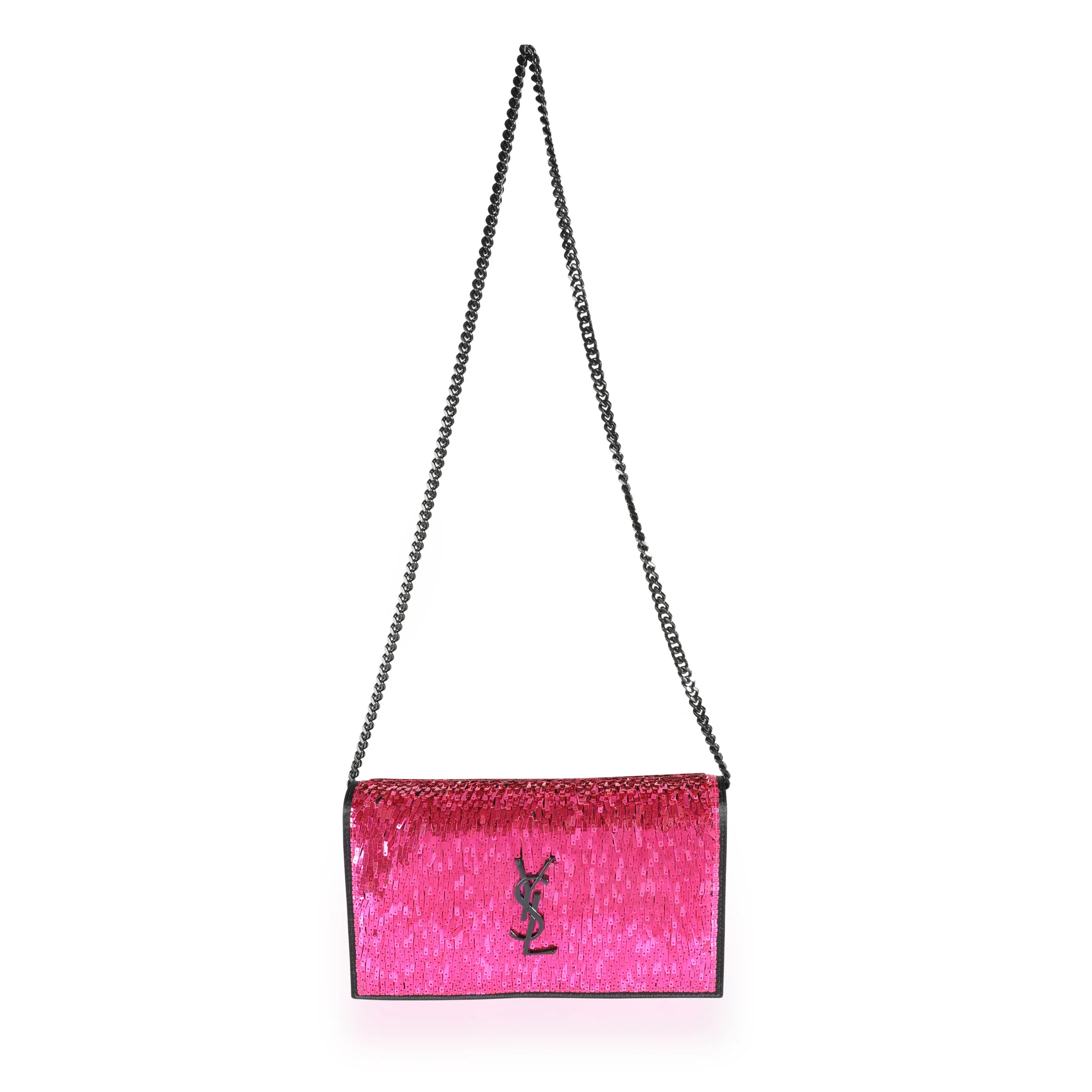 Saint Laurent Pink Paillette & Black Suede Monogram Kate Chain Wallet - Image 4