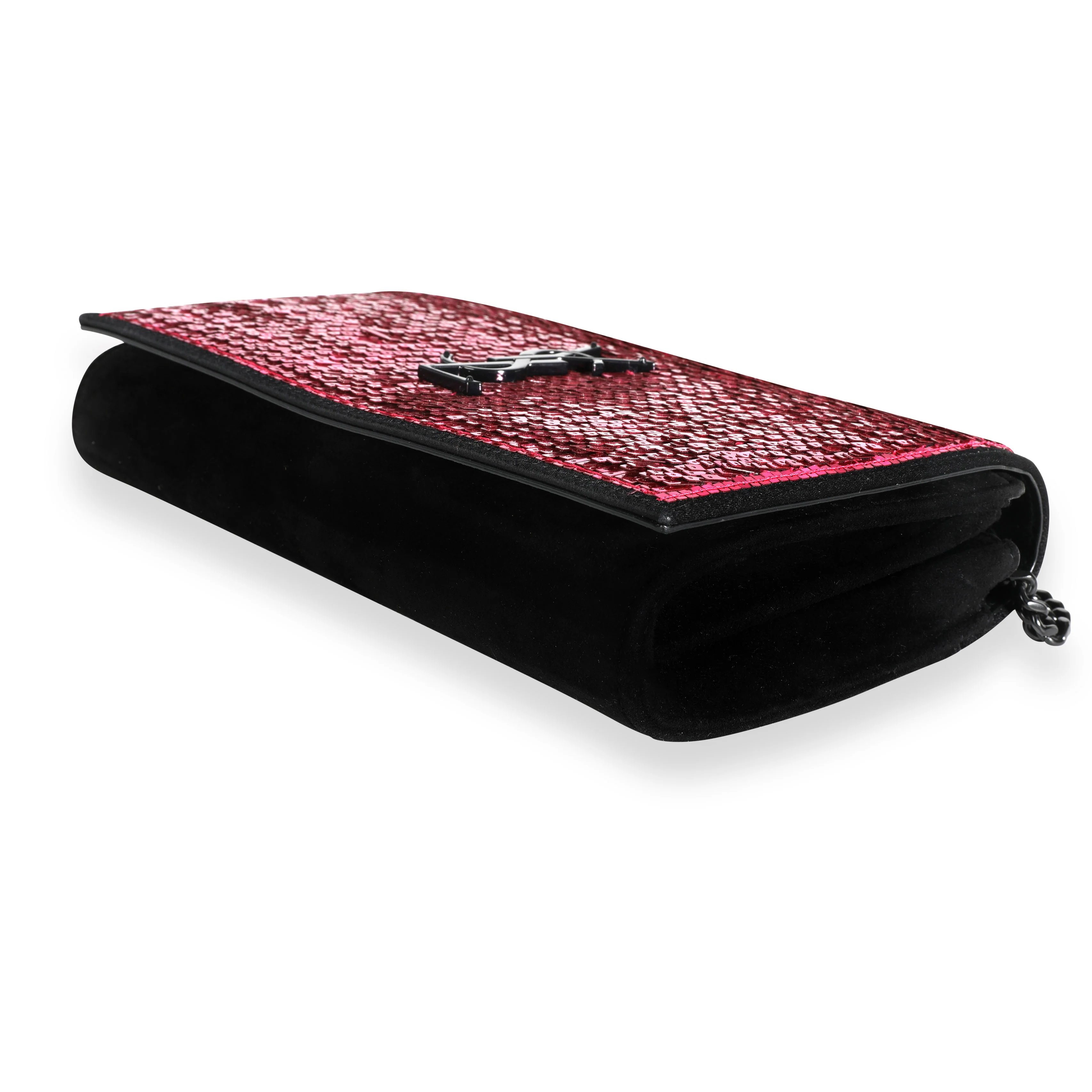 Saint Laurent Pink Paillette & Black Suede Monogram Kate Chain Wallet - Image 7