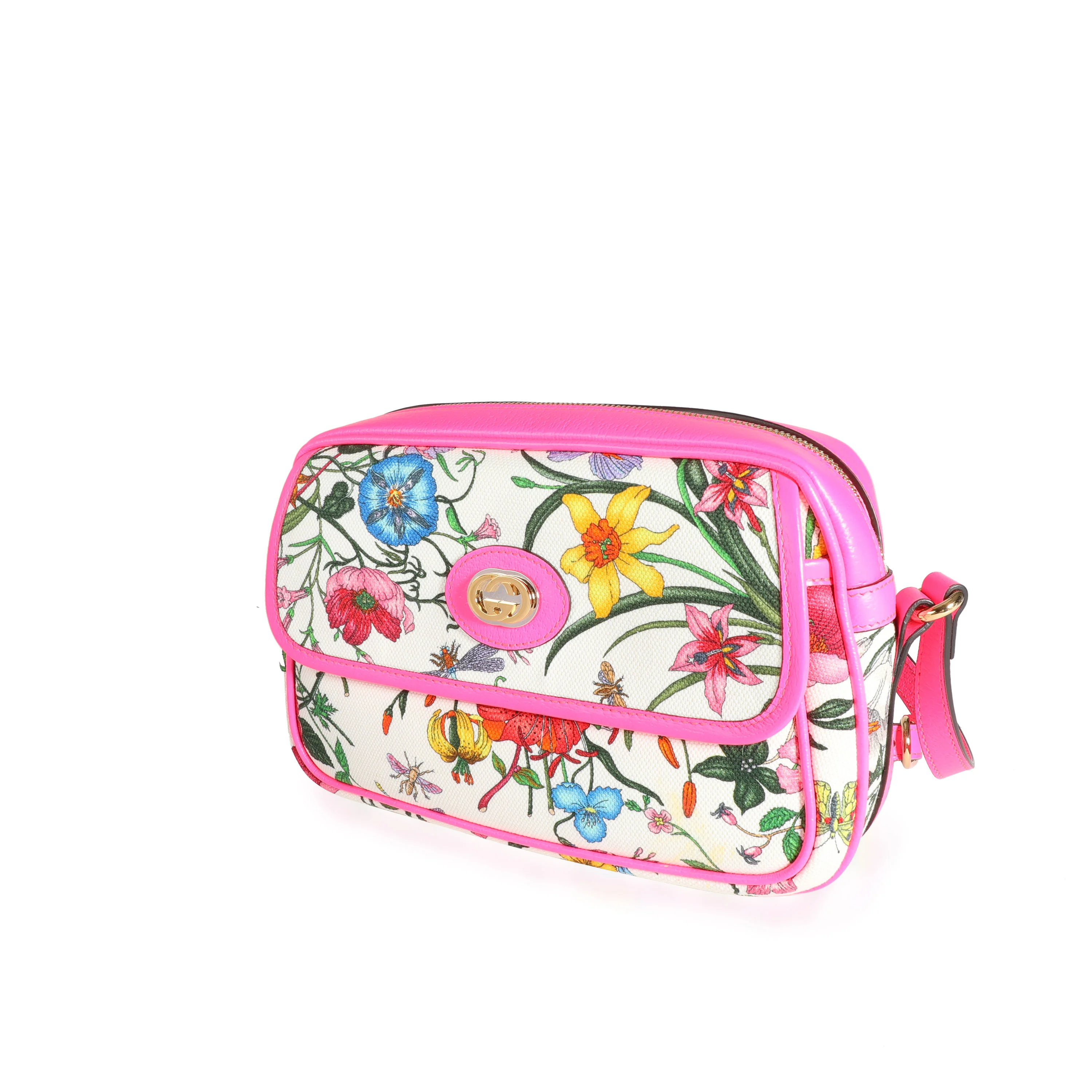 Gucci Flora Canvas & Neon Pink Leather Small Shoulder Bag - Image 2