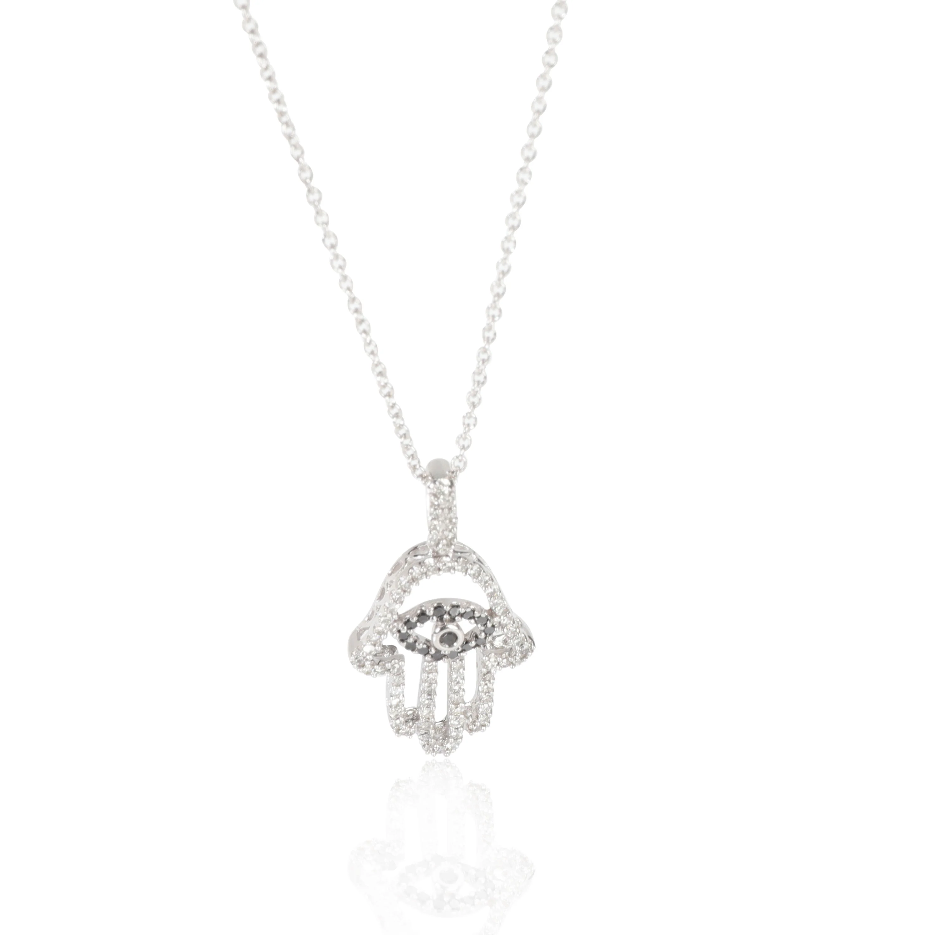 Diamond Hamsa Pendant in 14K White Gold 0.5 Ctw on a Chain