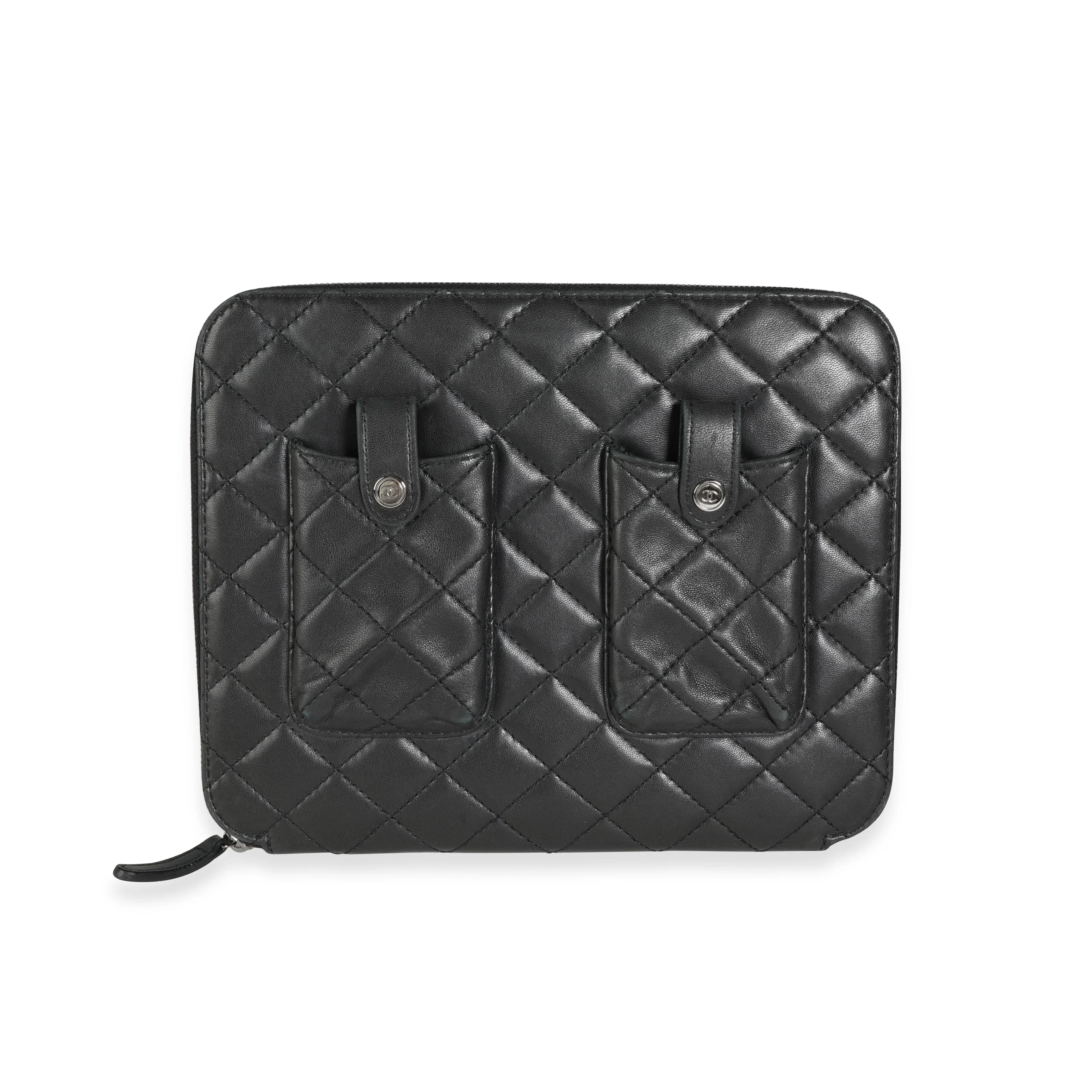Chanel Black Quilted Lambskin Double Pocket Zip Around iPad Case