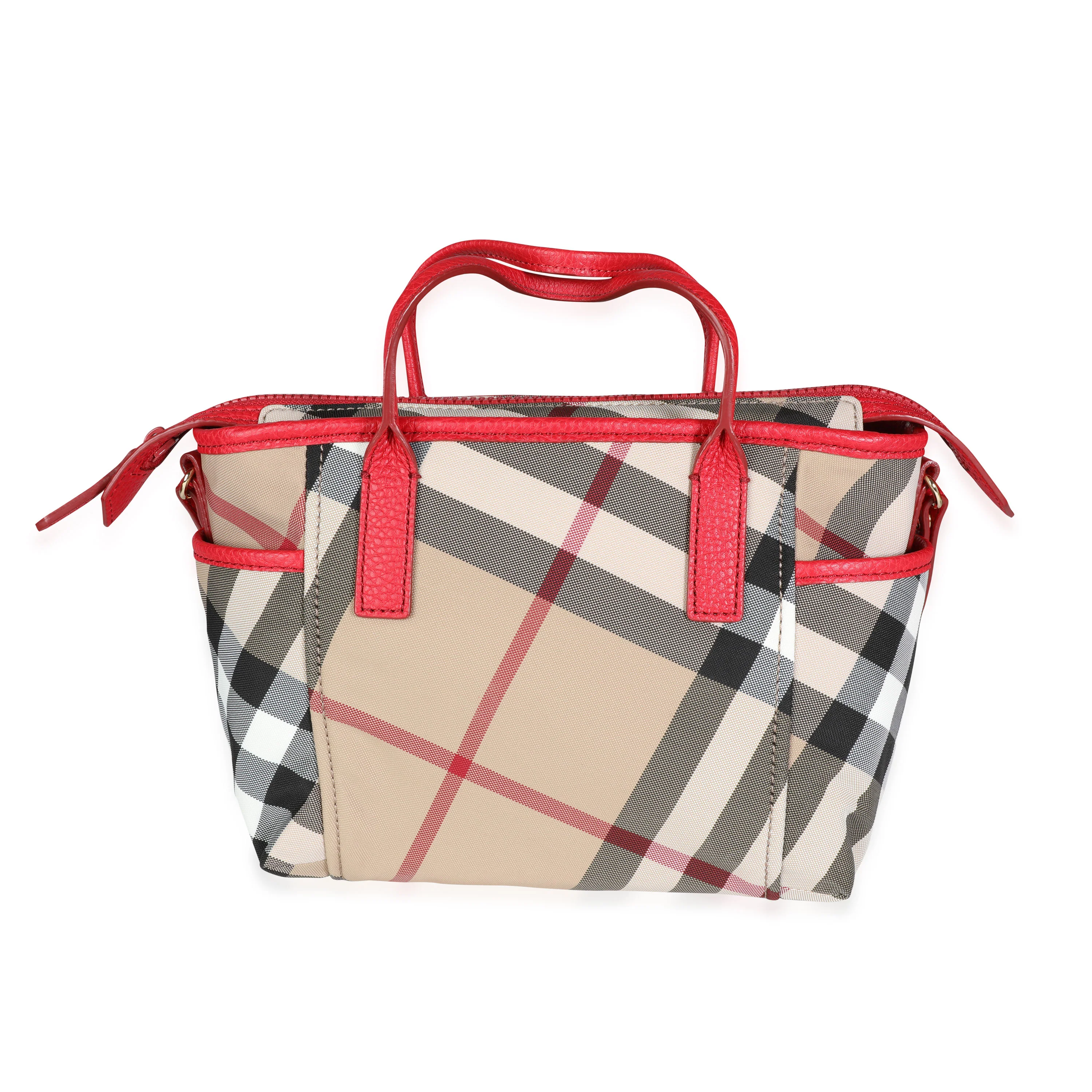 Burberry Exploded Check Canvas & Bright Rose Grained Leather Top Handle Tote