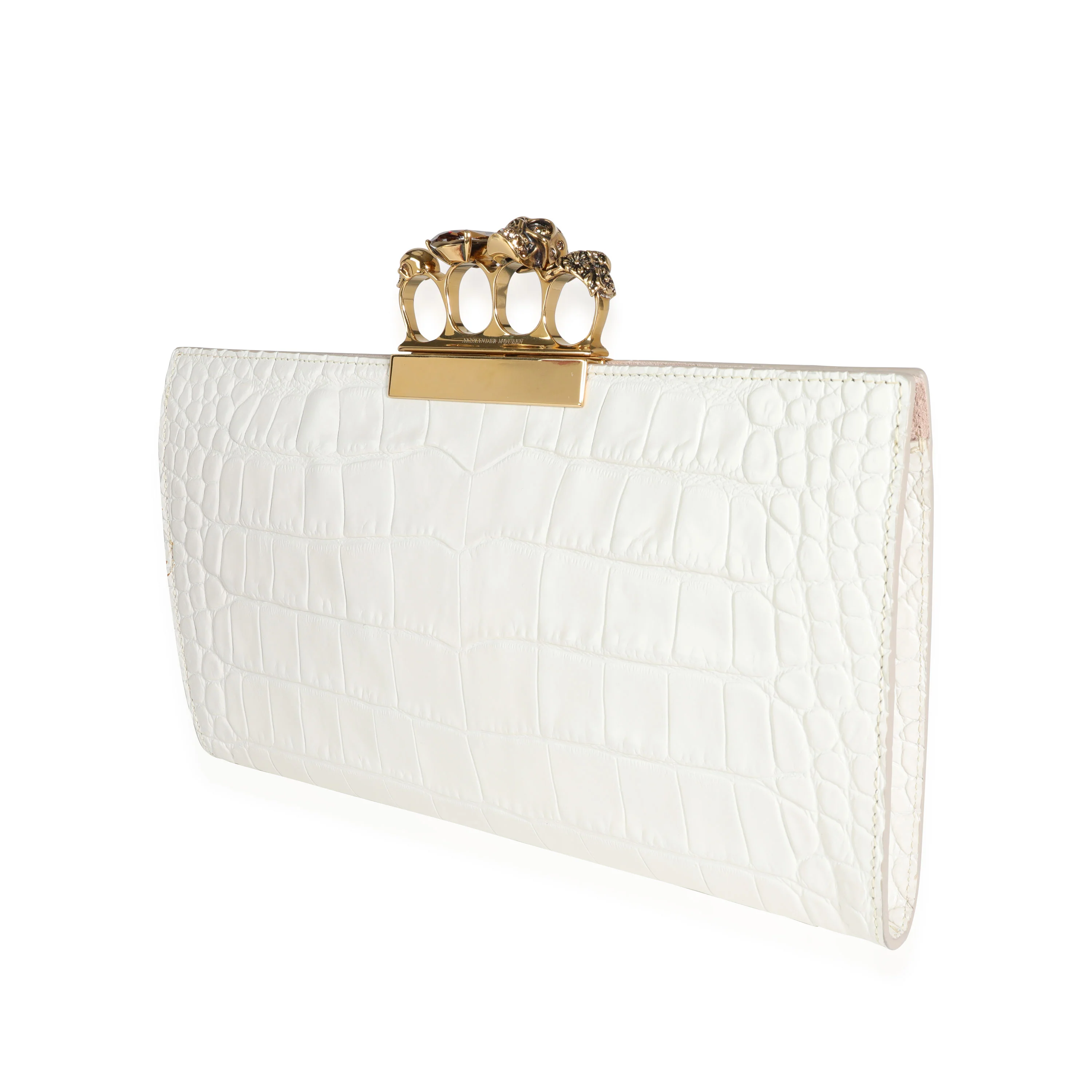Alexander McQueen Ivory Croc-Embossed Leather  Skull Four-Ring Flat Pouch - Image 2