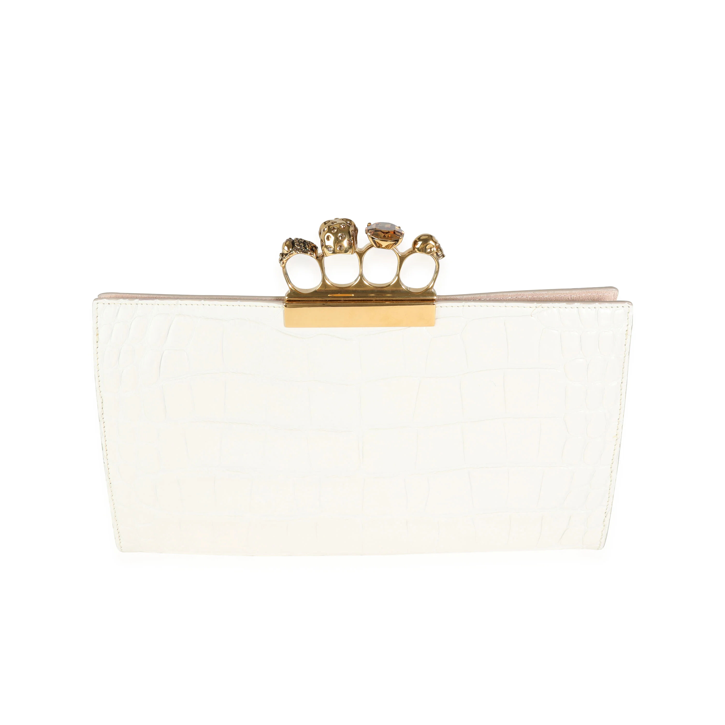 Alexander McQueen Ivory Croc-Embossed Leather  Skull Four-Ring Flat Pouch - Image 3
