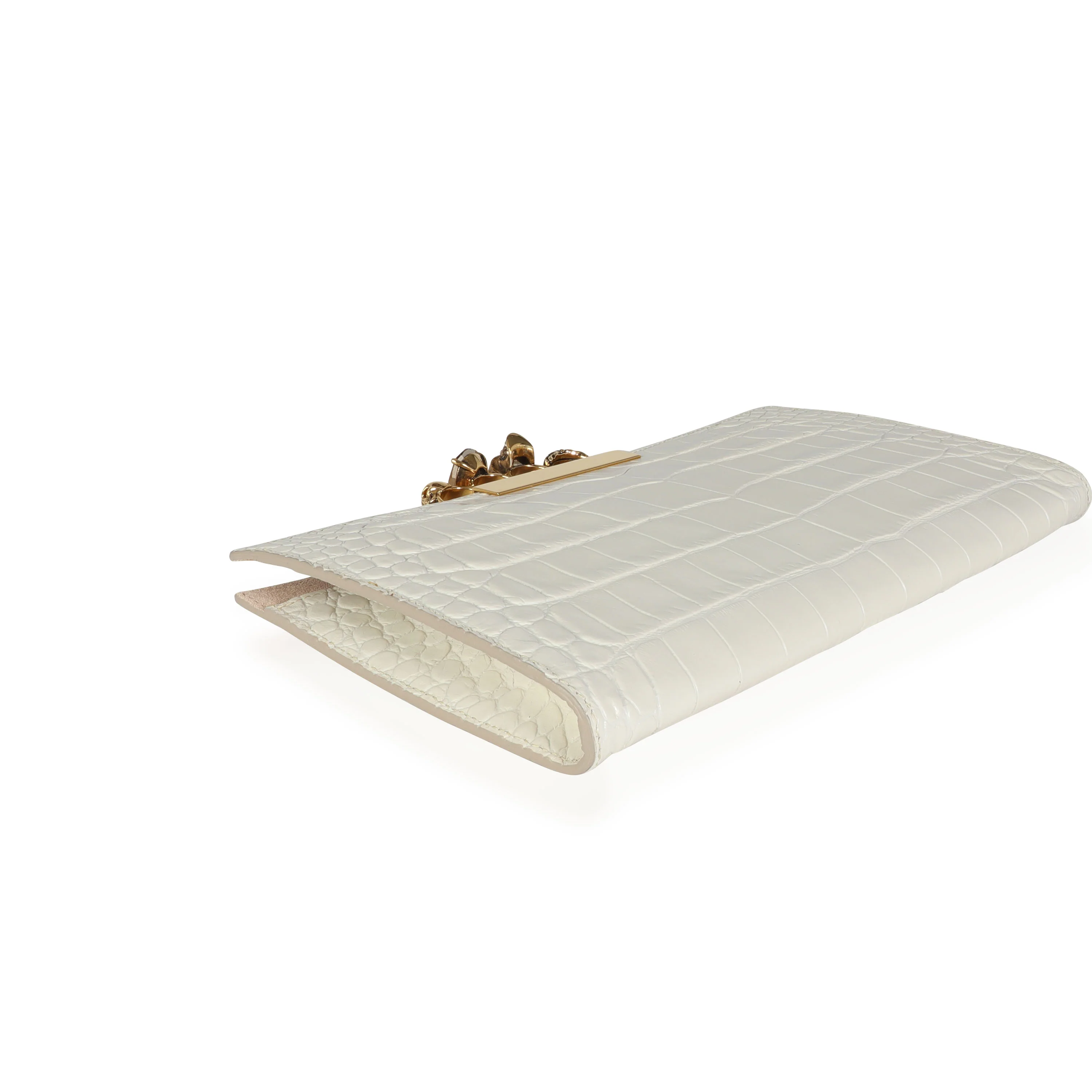 Alexander McQueen Ivory Croc-Embossed Leather  Skull Four-Ring Flat Pouch - Image 5
