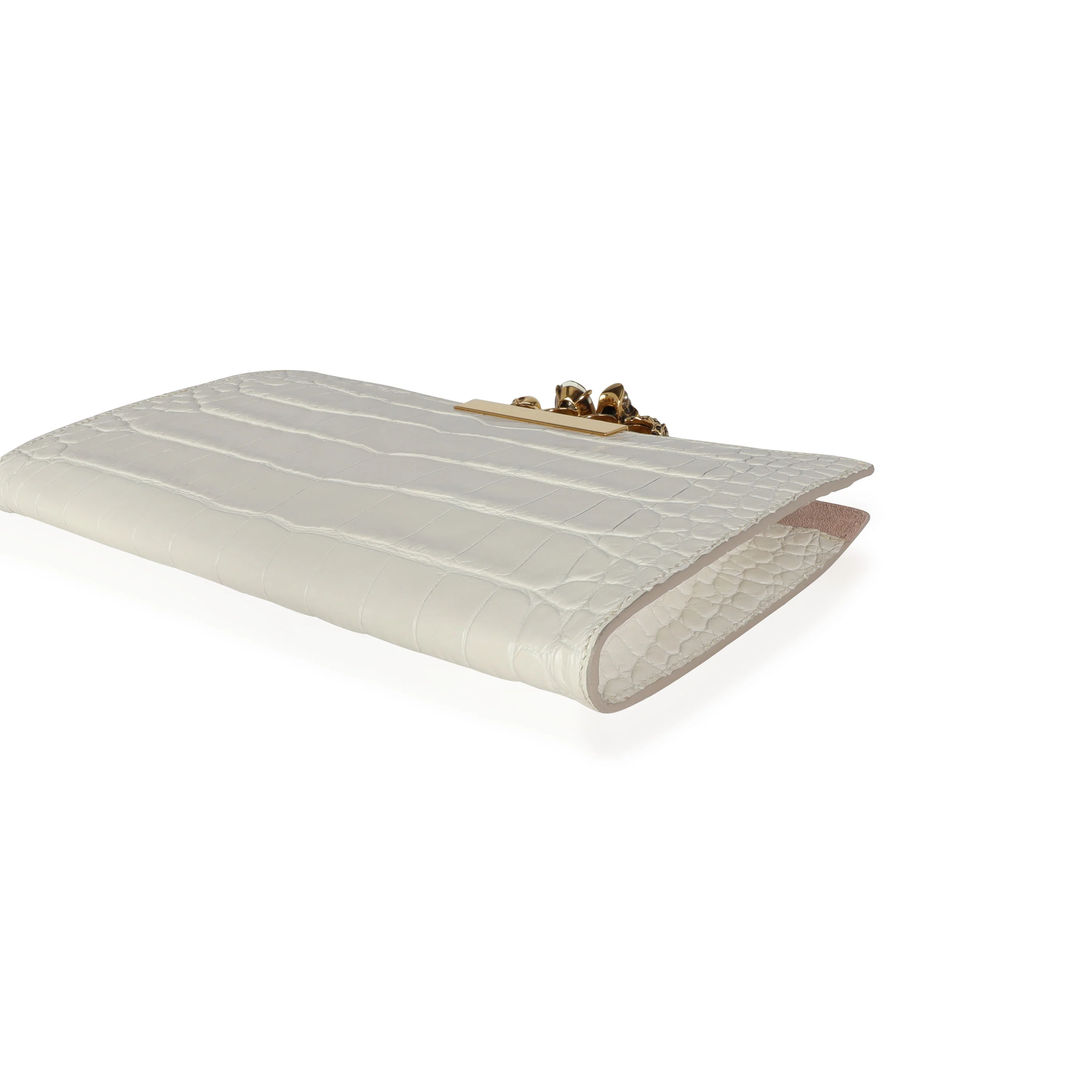 Alexander McQueen Ivory Croc-Embossed Leather  Skull Four-Ring Flat Pouch - Image 6