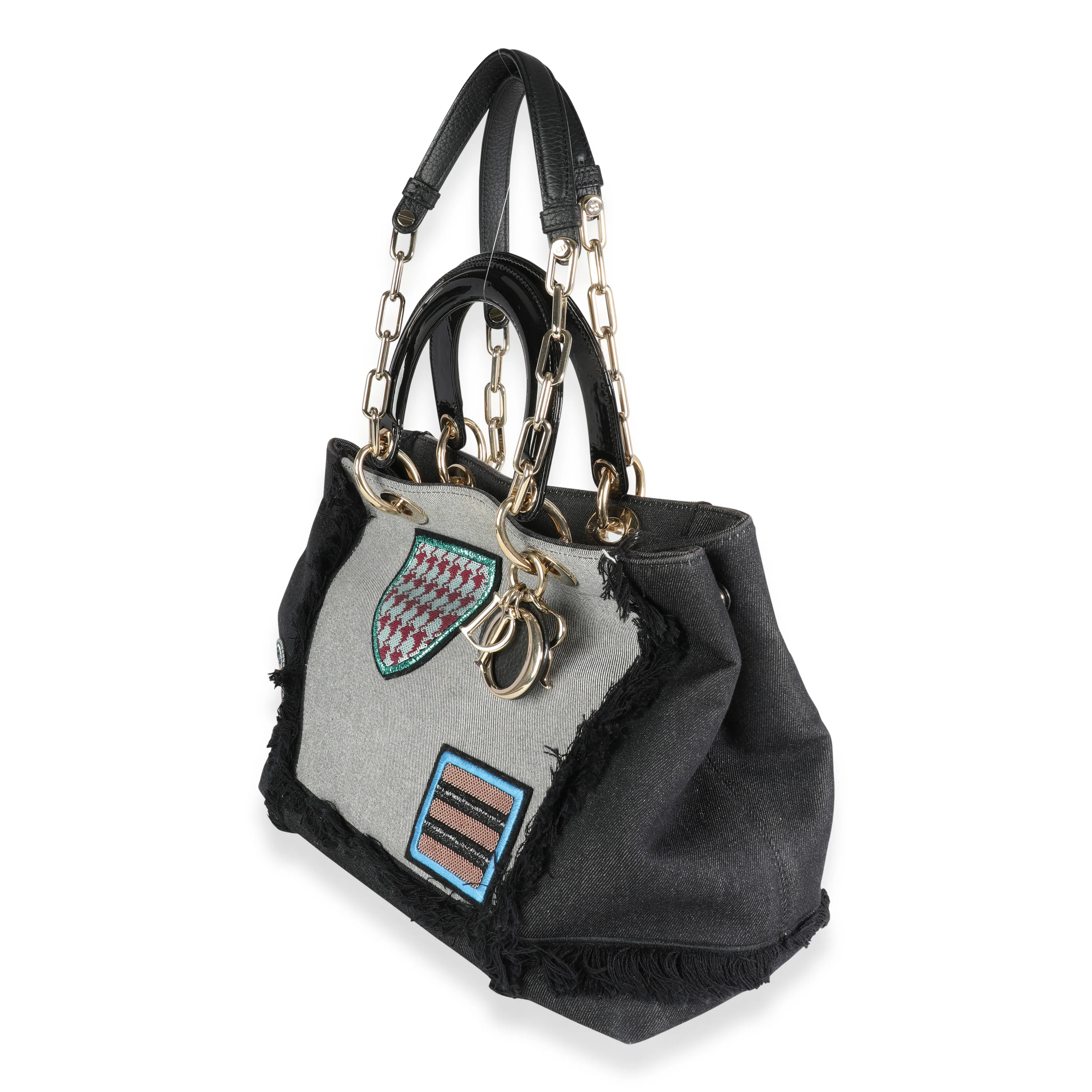 Christian Dior Grey & Black Patchwork Denim Canvas Large D-Light Tote - Image 2
