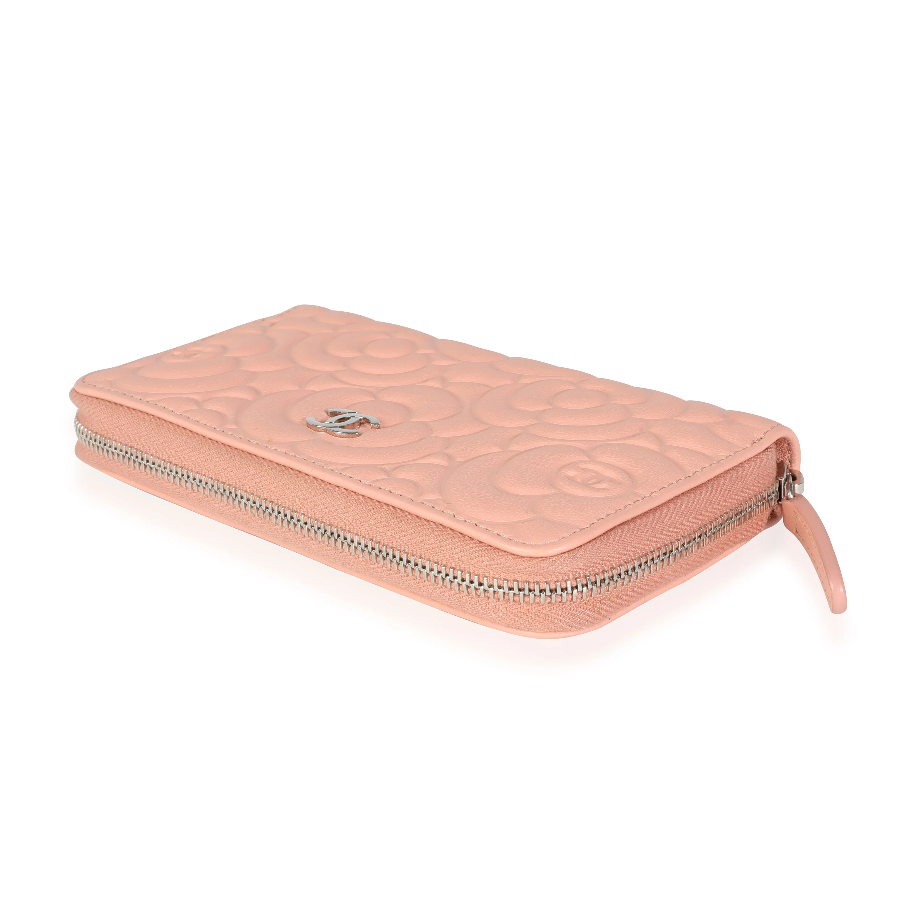 Chanel Peach Pink Camellia Embossed Zip Around Wallet - Image 4