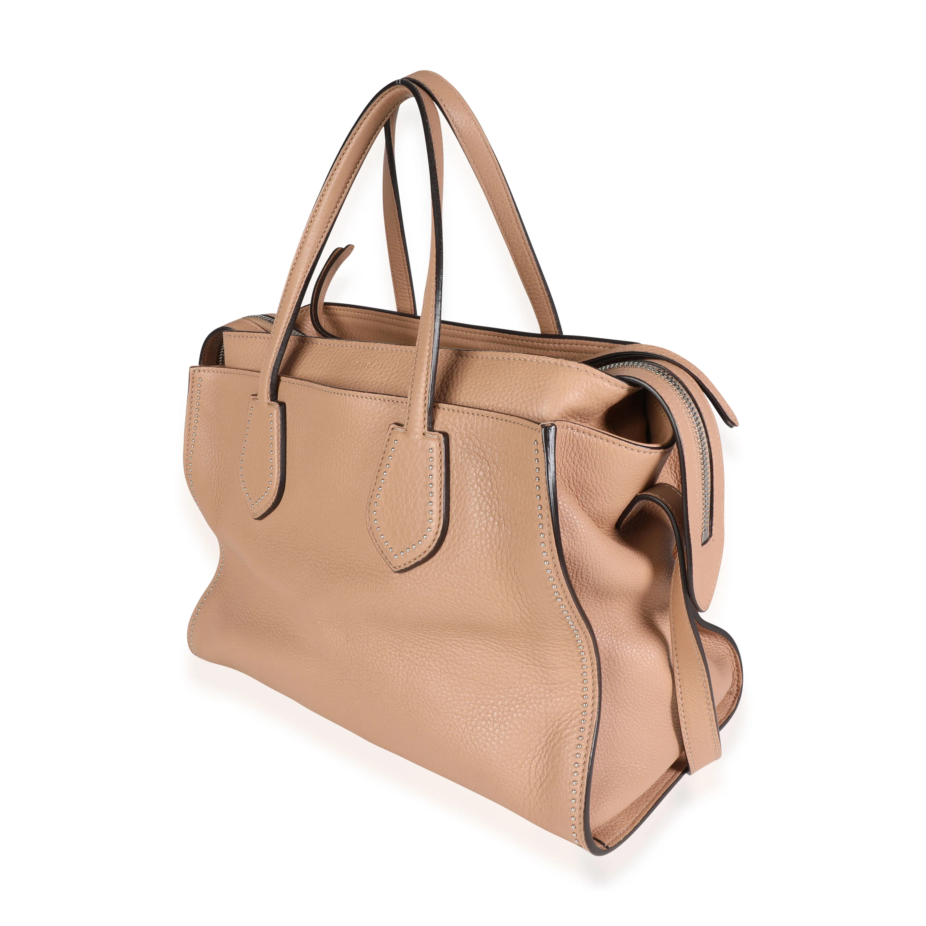 Gucci Tan Pebbled Leather Studded Ramble Satchel - Image 2