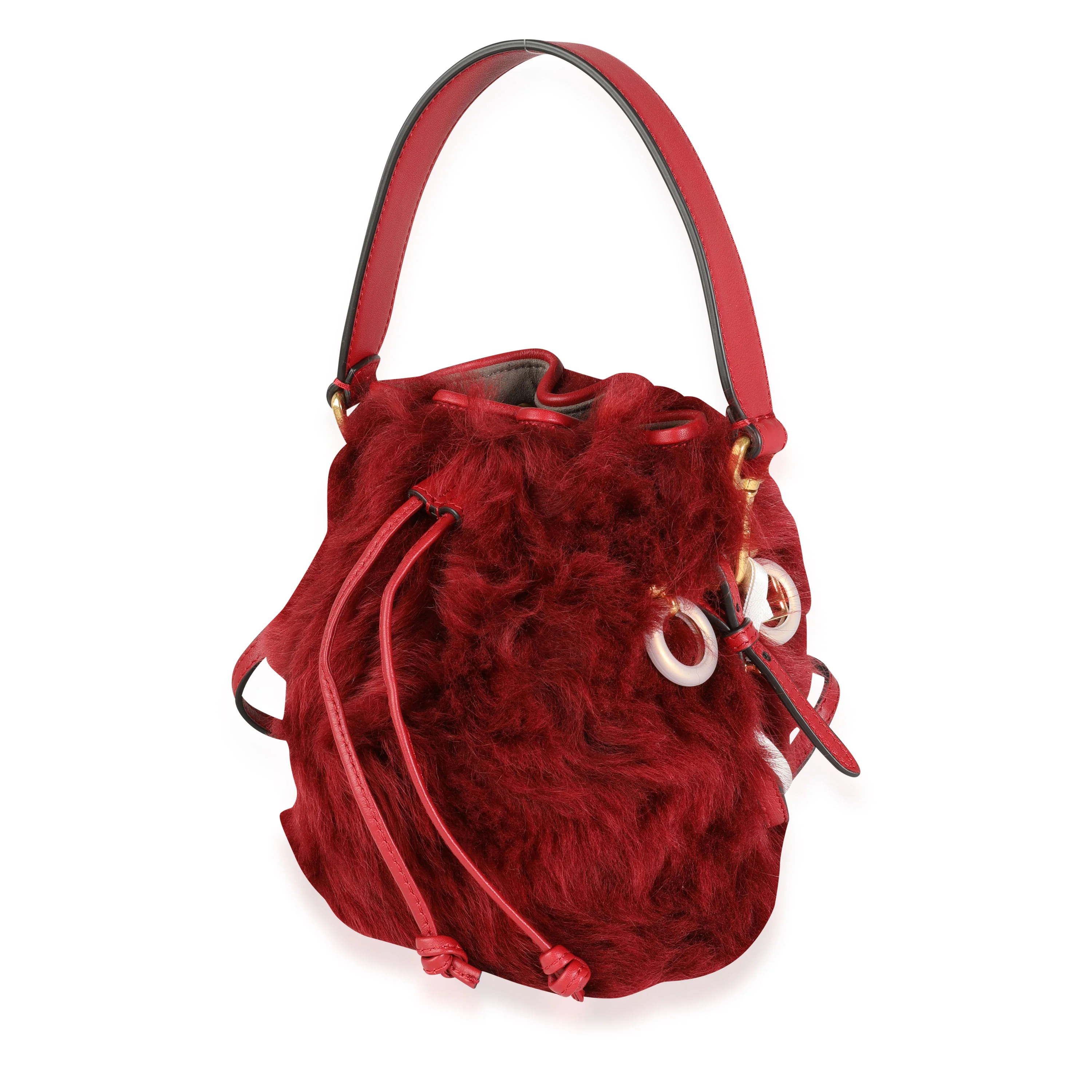 Red Lamb Fur & Calfskin Leather Mini Mon Trésor Bucket Bag - Image 2