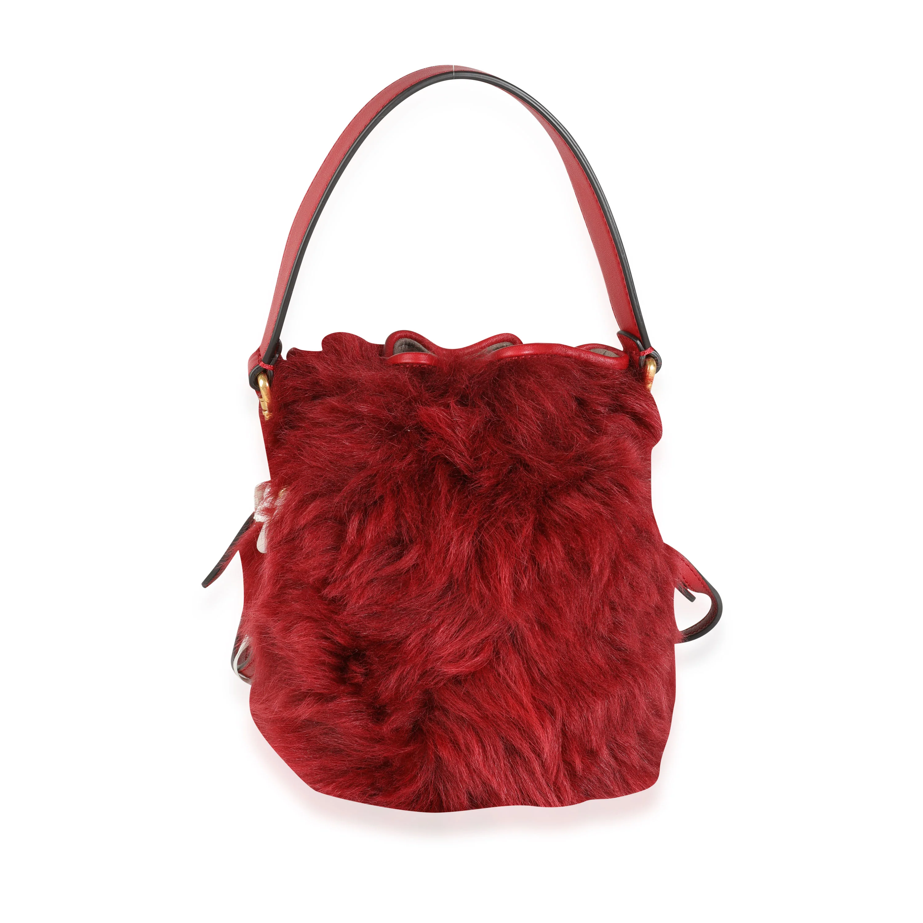 Red Lamb Fur & Calfskin Leather Mini Mon Trésor Bucket Bag - Image 3