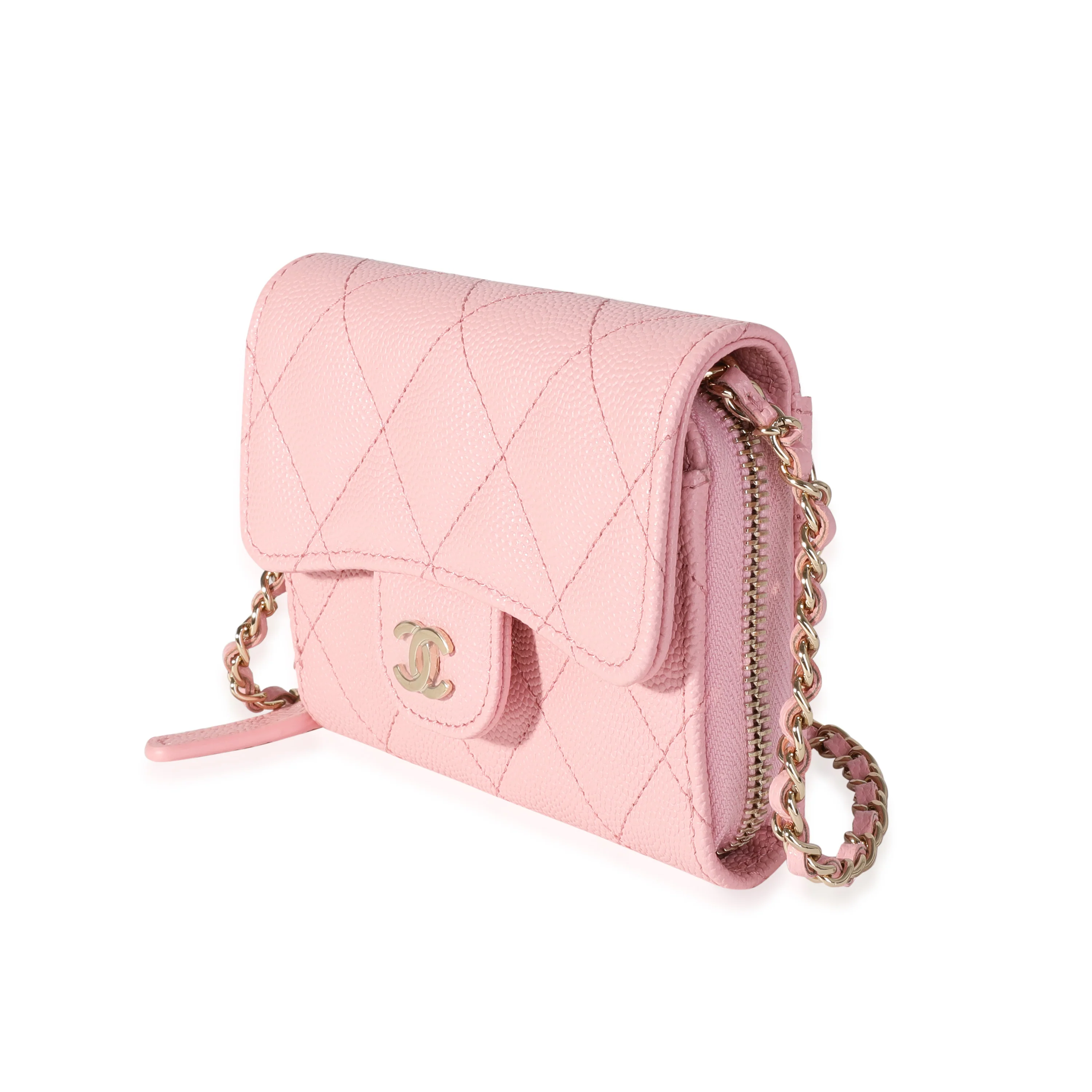 Pink Quilted Caviar Compact Wallet On Chain - Image 2