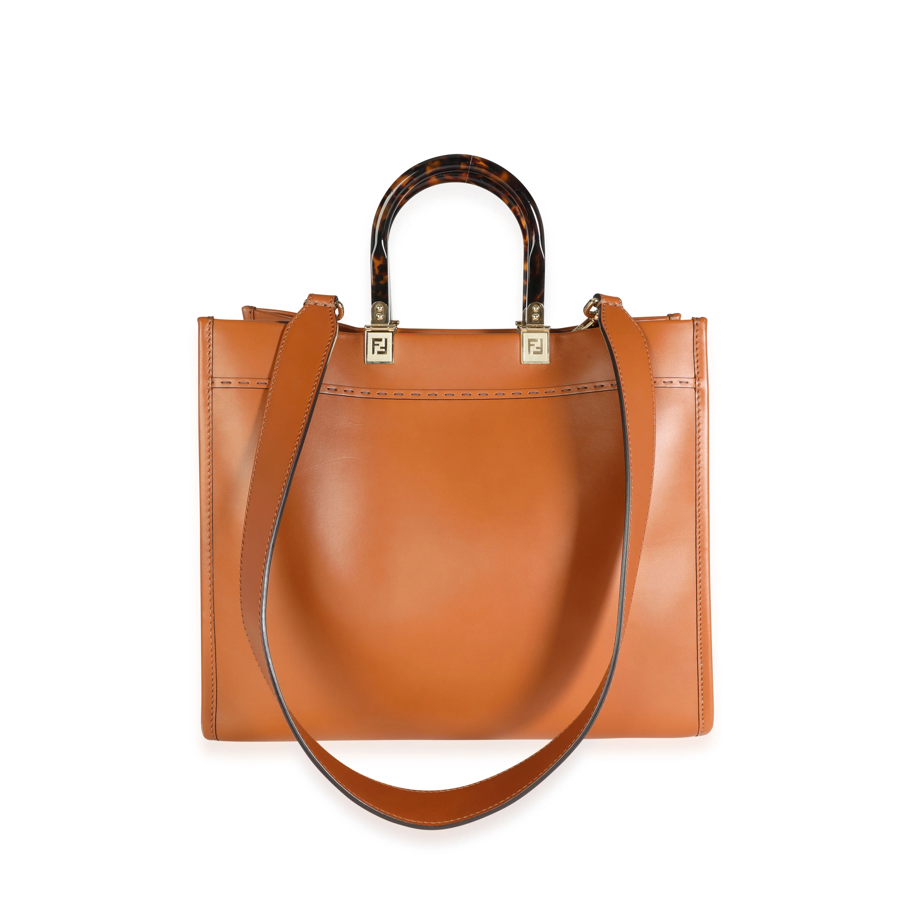 Fendi Brown Debossed Leather & Tortoiseshell Plexiglass Medium Sunshine Shopper - Image 2