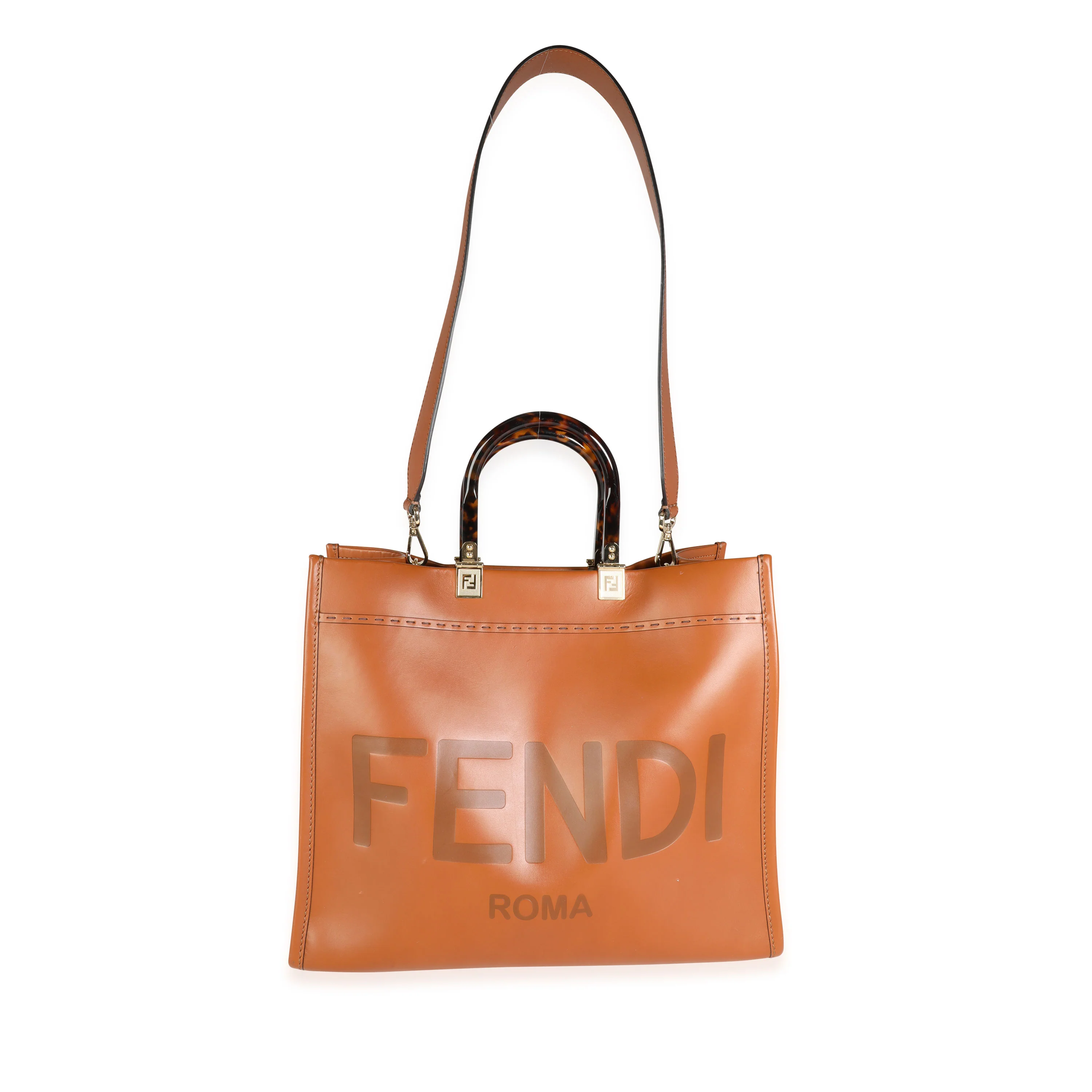 Fendi Brown Debossed Leather & Tortoiseshell Plexiglass Medium Sunshine Shopper - Image 3