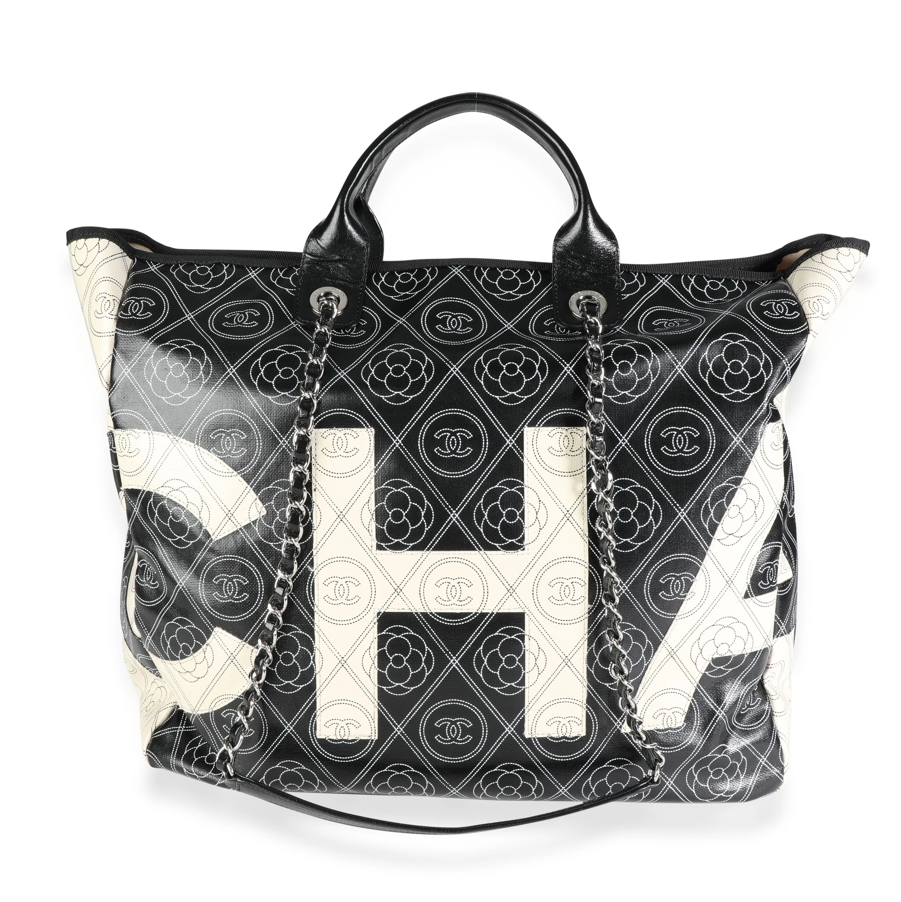 Black and Beige Coated Canvas and Leather Camellia & CC Print Shopper Tot - Image 3