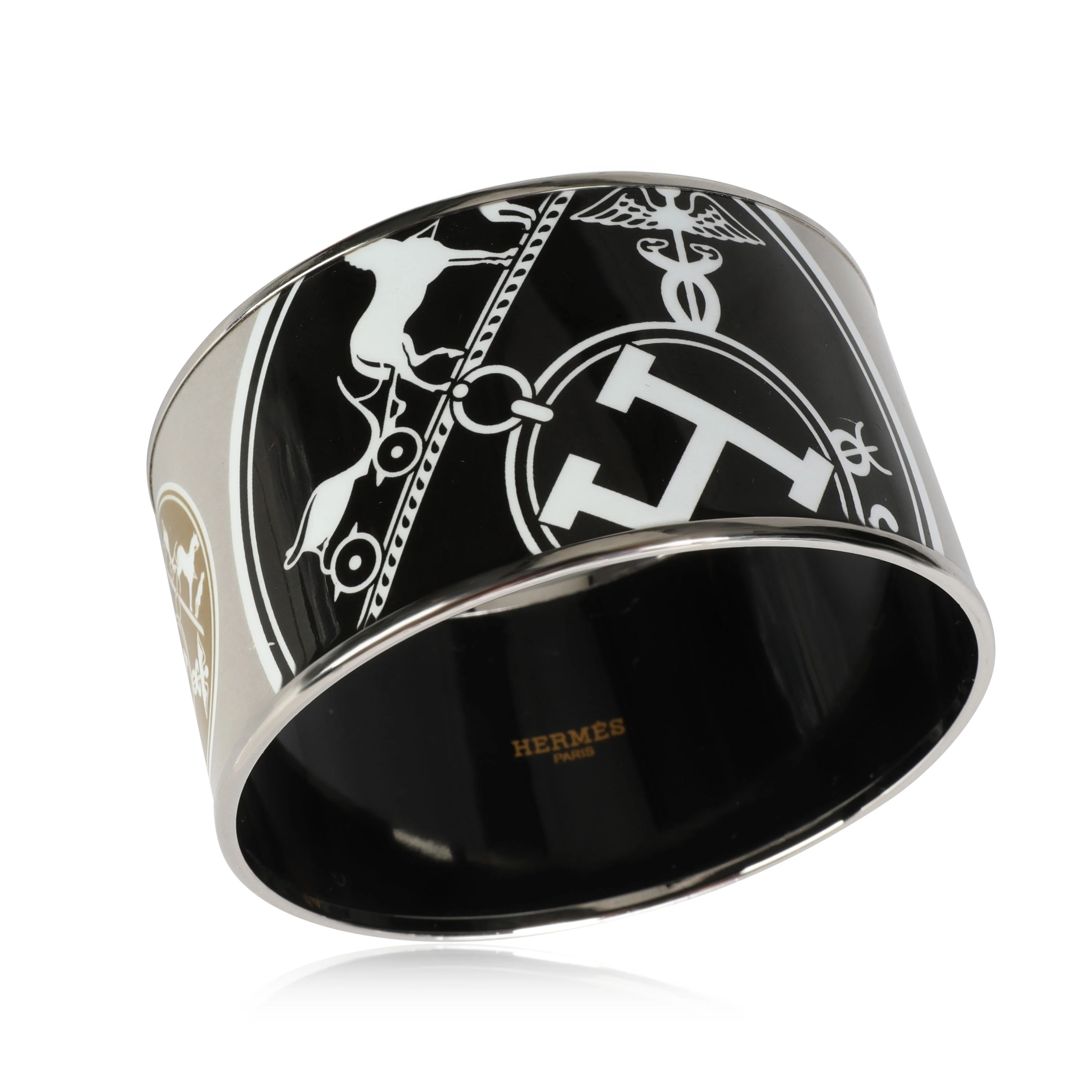 Hermès Plated Extra Wide Enamel Bangle Grey with Caleches - Image 3