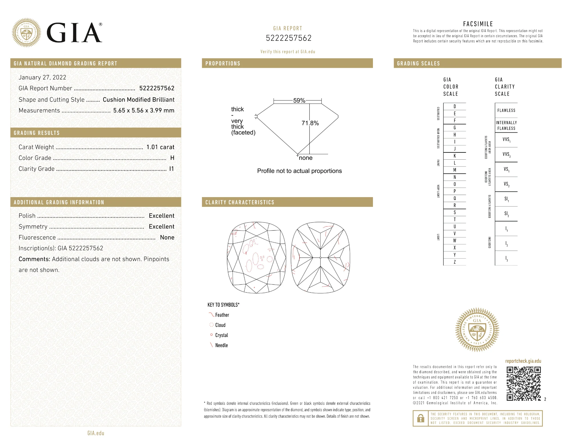 GIA Certified 1.01 Ct Cushion cut H I1 Loose Diamond - Image 2