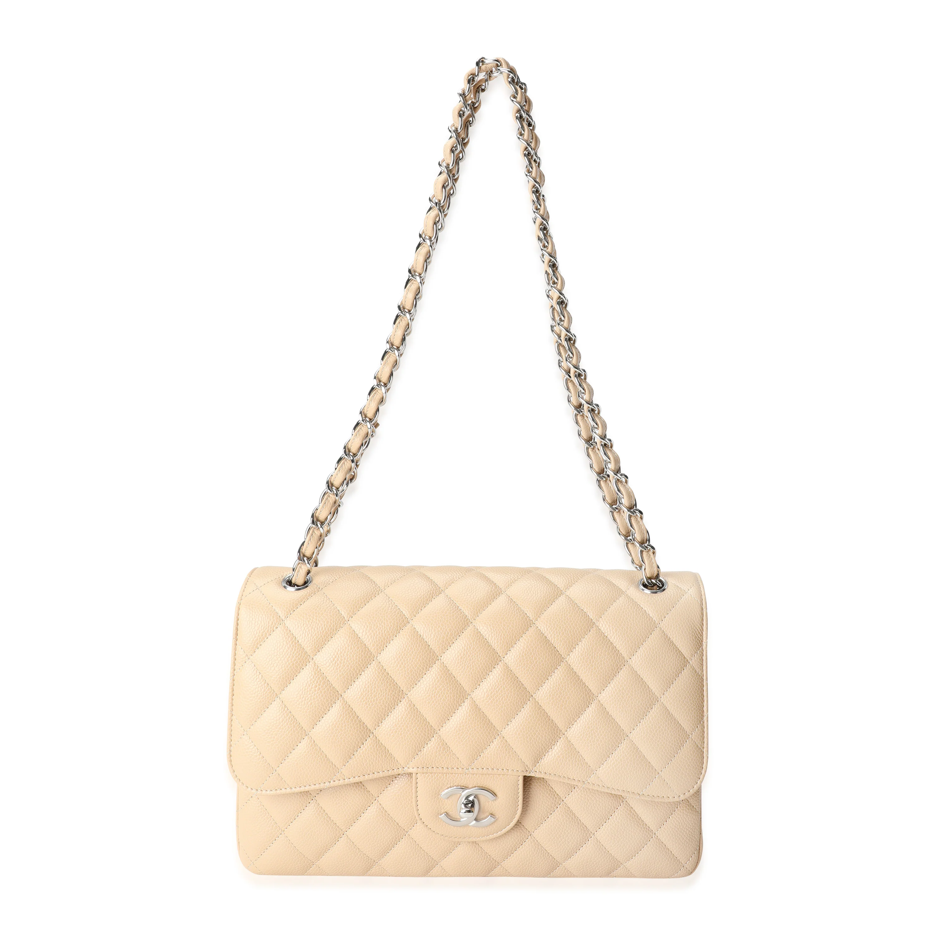 Beige Quilted Caviar Jumbo Classic Double Flap Handbag - Image 4