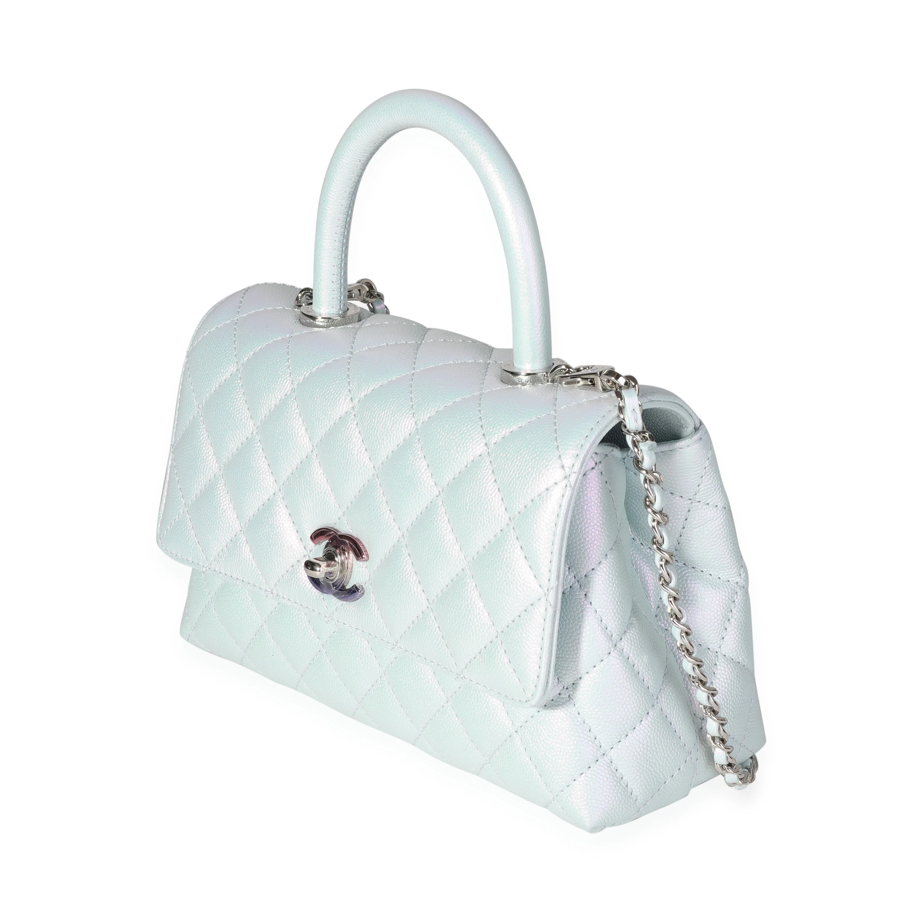 Chanel Light Blue Iridescent Quilted Caviar Small Coco Top Handle Bag - Image 2