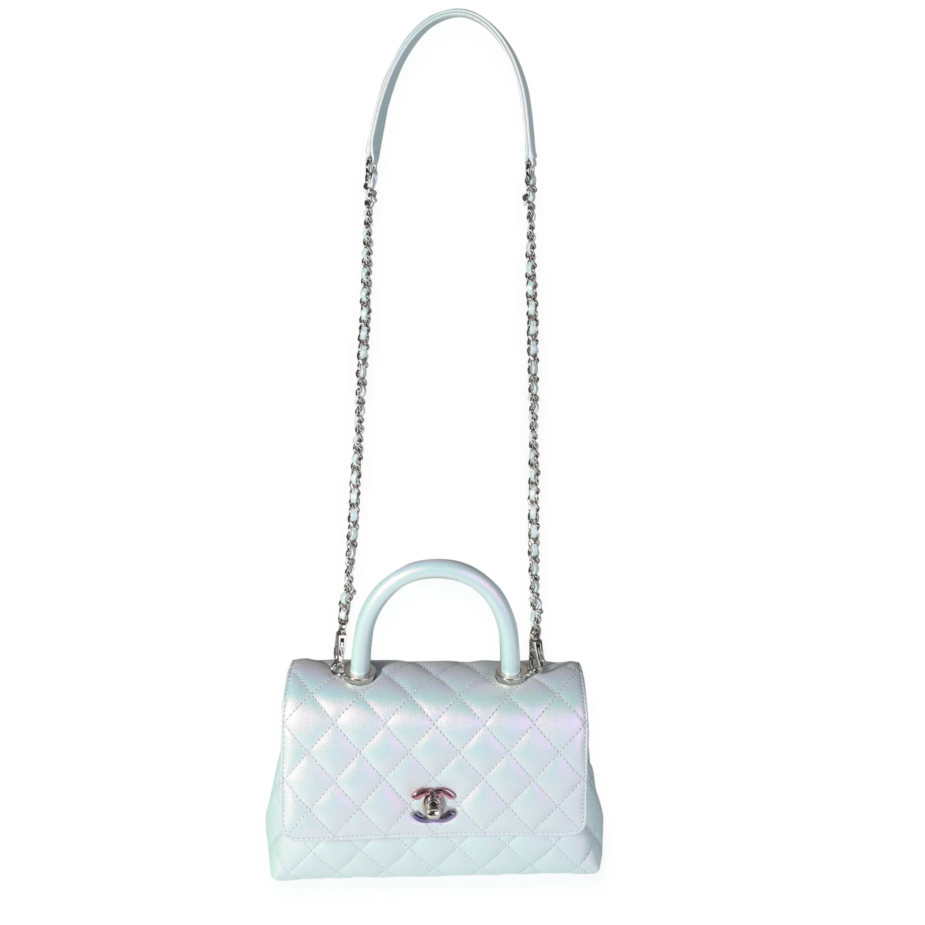 Chanel Light Blue Iridescent Quilted Caviar Small Coco Top Handle Bag - Image 4