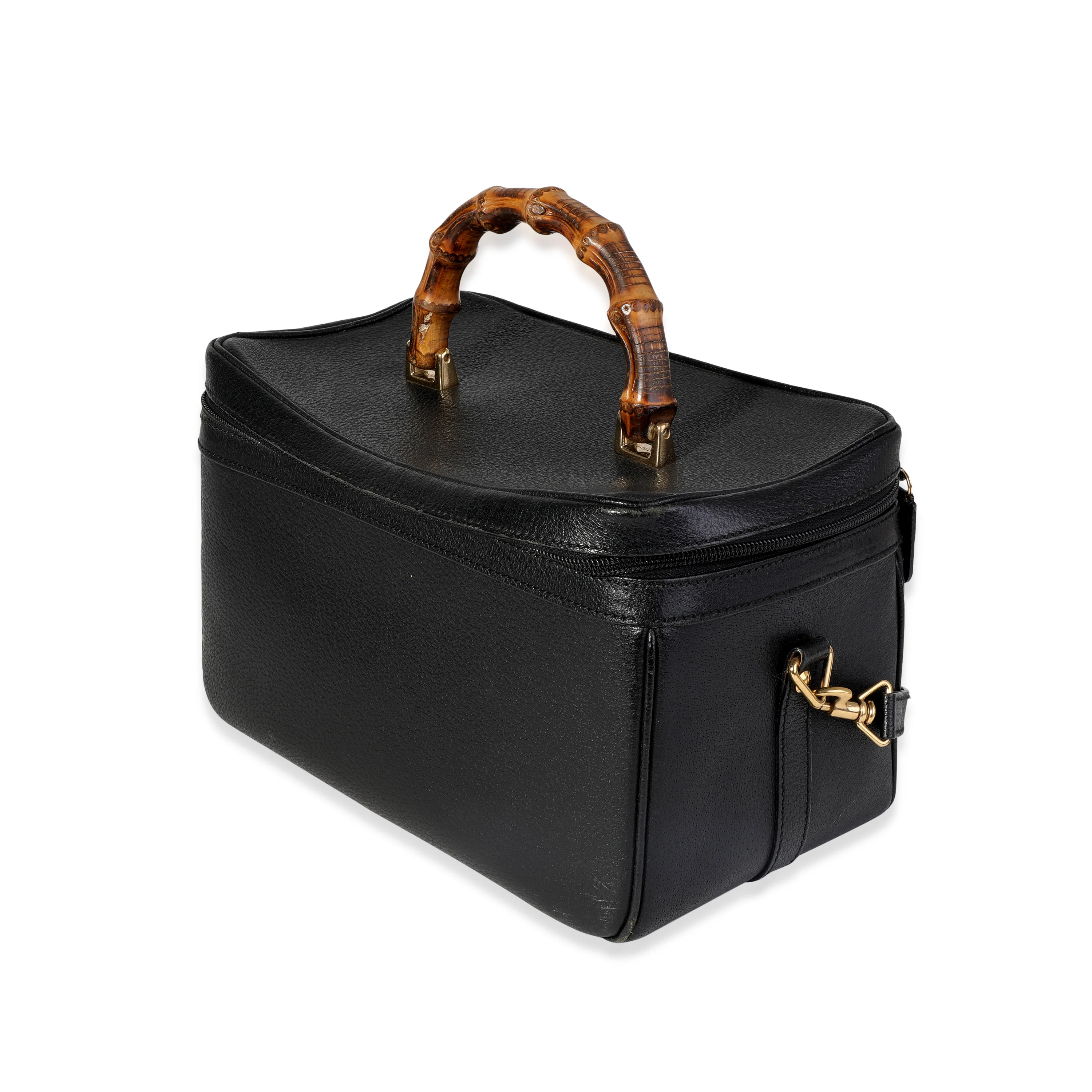Vintage Black Textured Leather Bamboo Handle Vanity Bag - Image 2