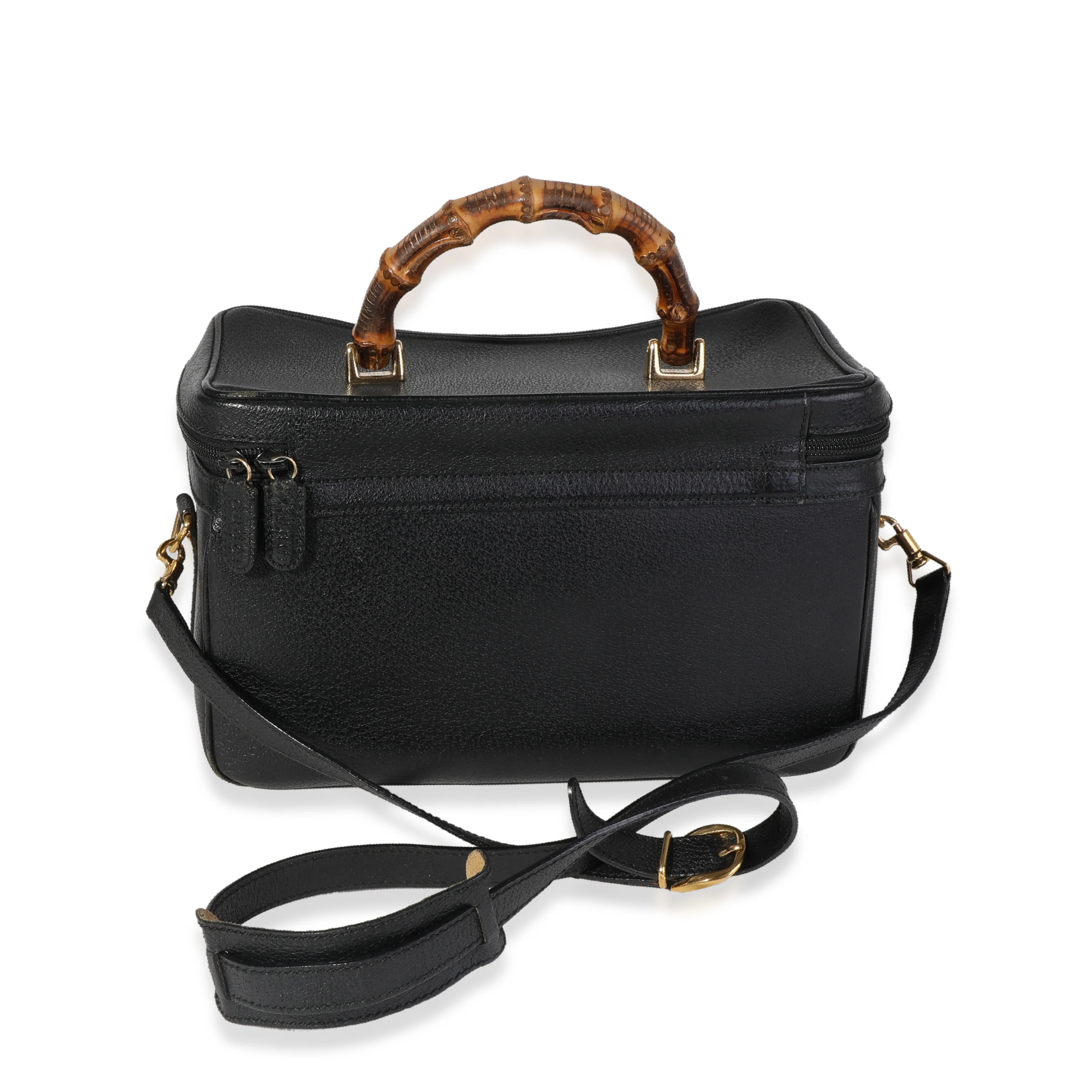 Vintage Black Textured Leather Bamboo Handle Vanity Bag - Image 3