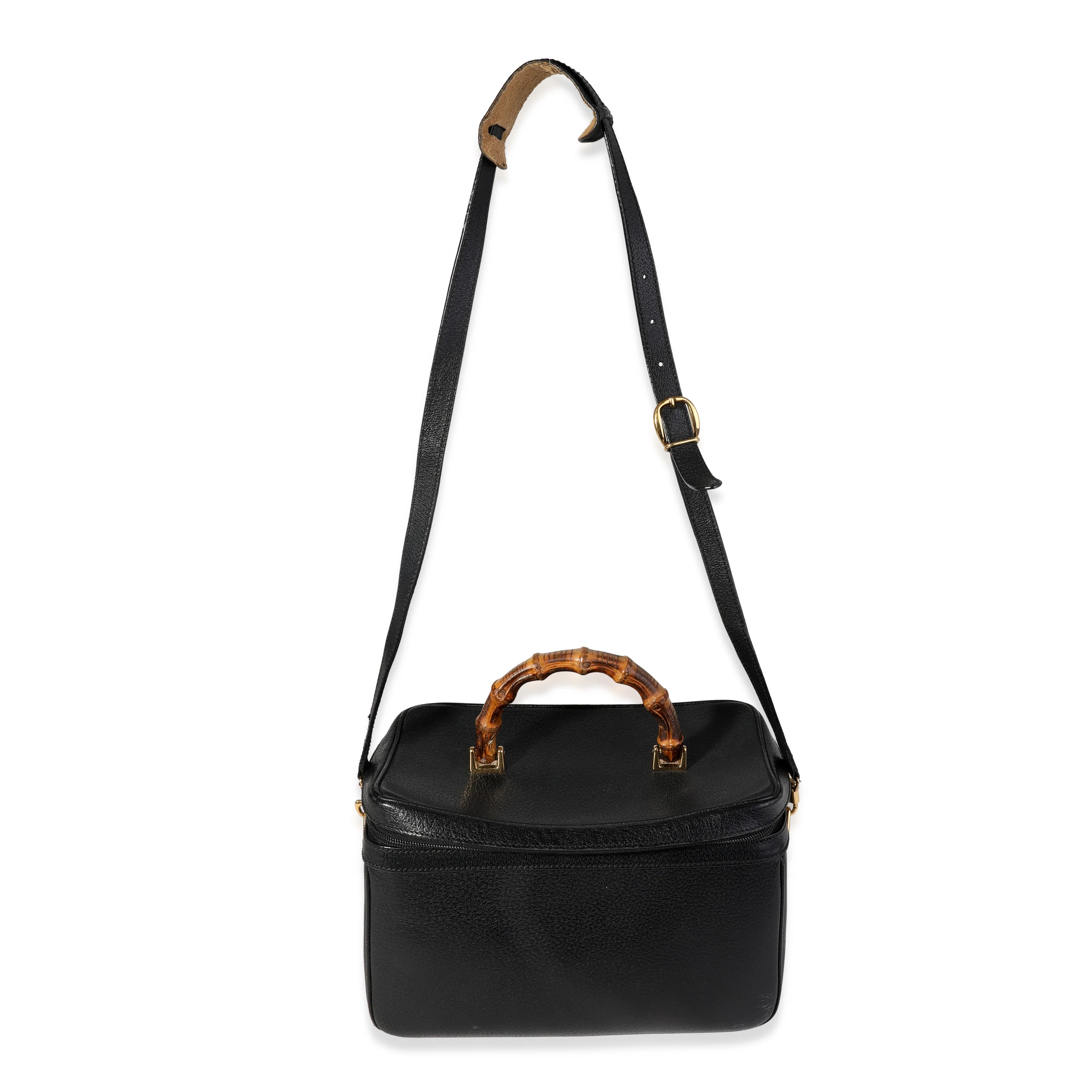 Vintage Black Textured Leather Bamboo Handle Vanity Bag - Image 4