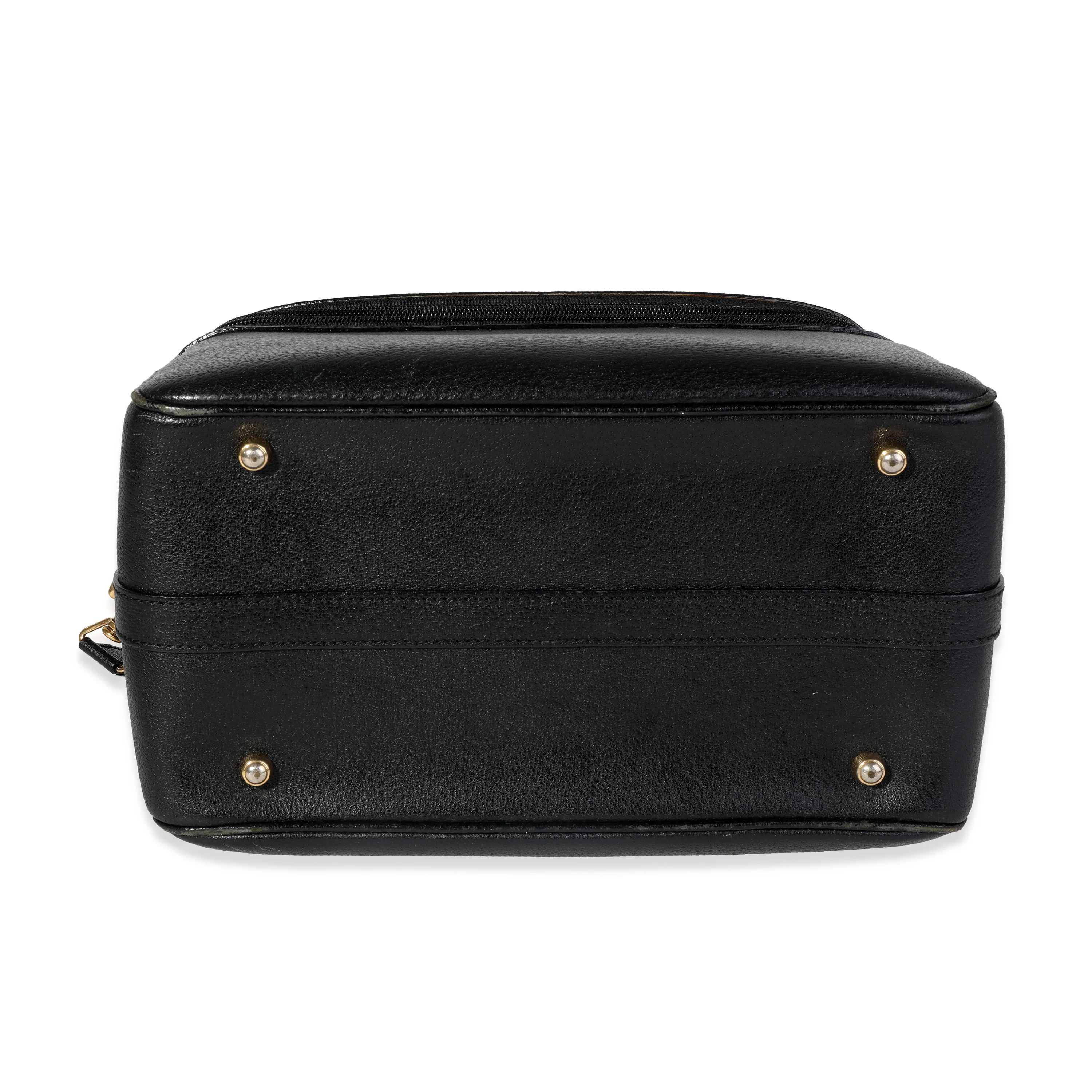 Vintage Black Textured Leather Bamboo Handle Vanity Bag - Image 5