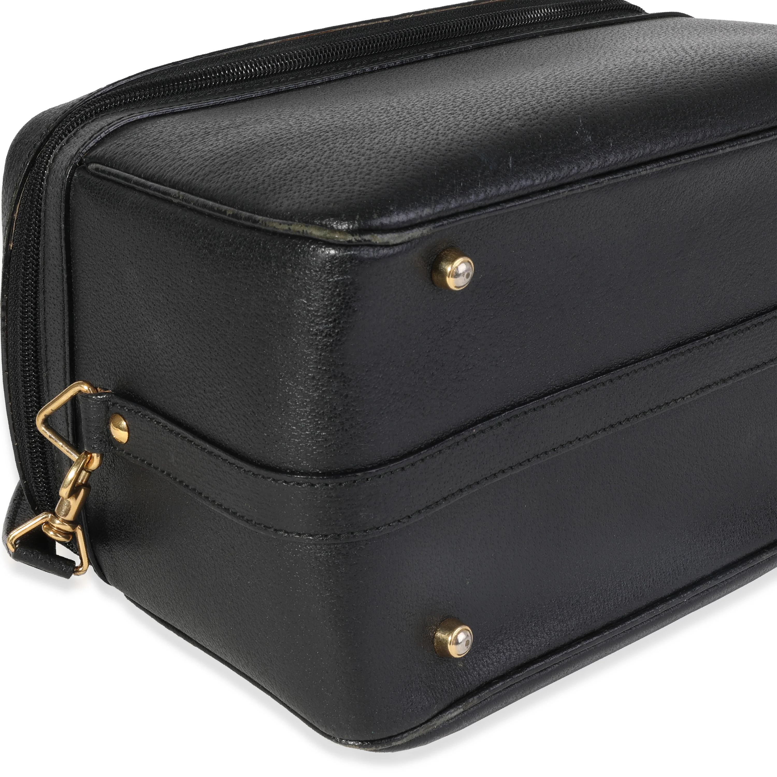 Vintage Black Textured Leather Bamboo Handle Vanity Bag - Image 6