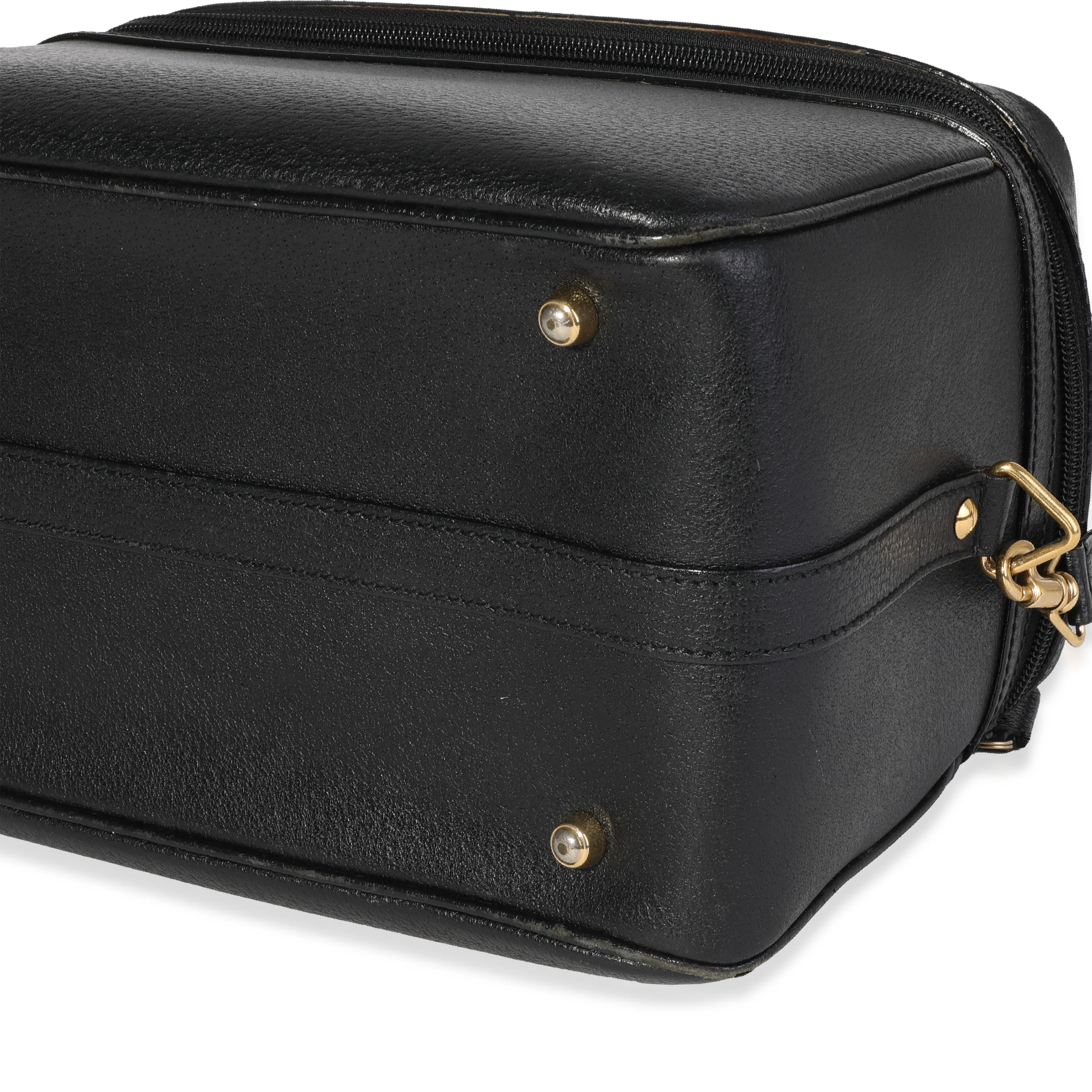 Vintage Black Textured Leather Bamboo Handle Vanity Bag - Image 7