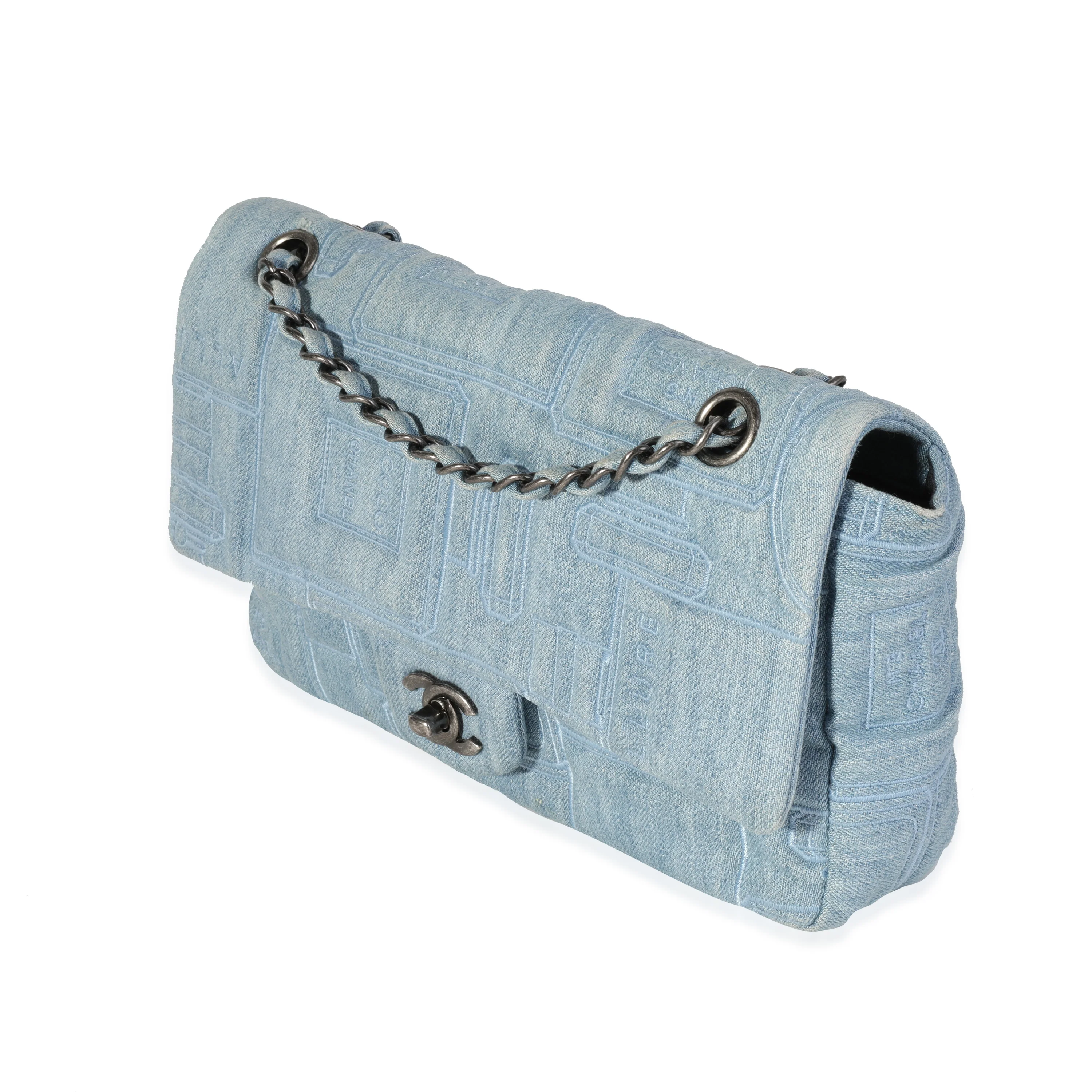 Chanel Light Blue Denim & Black Medium Perfume Bottle Embroidery Flap Bag - Image 2