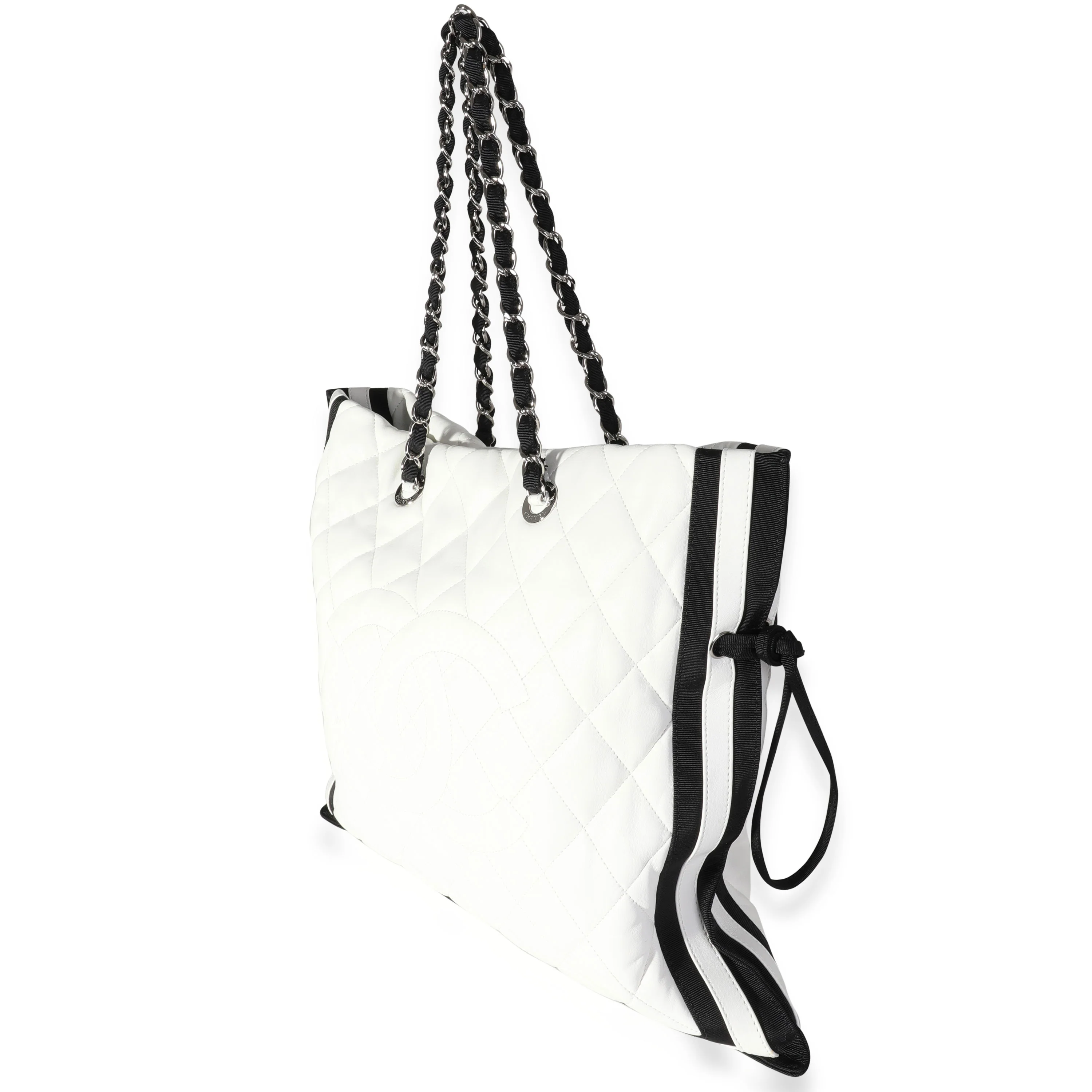 Chanel White Quilted Lambskin & Black Grosgrain CC Drawstring Tote - Image 2