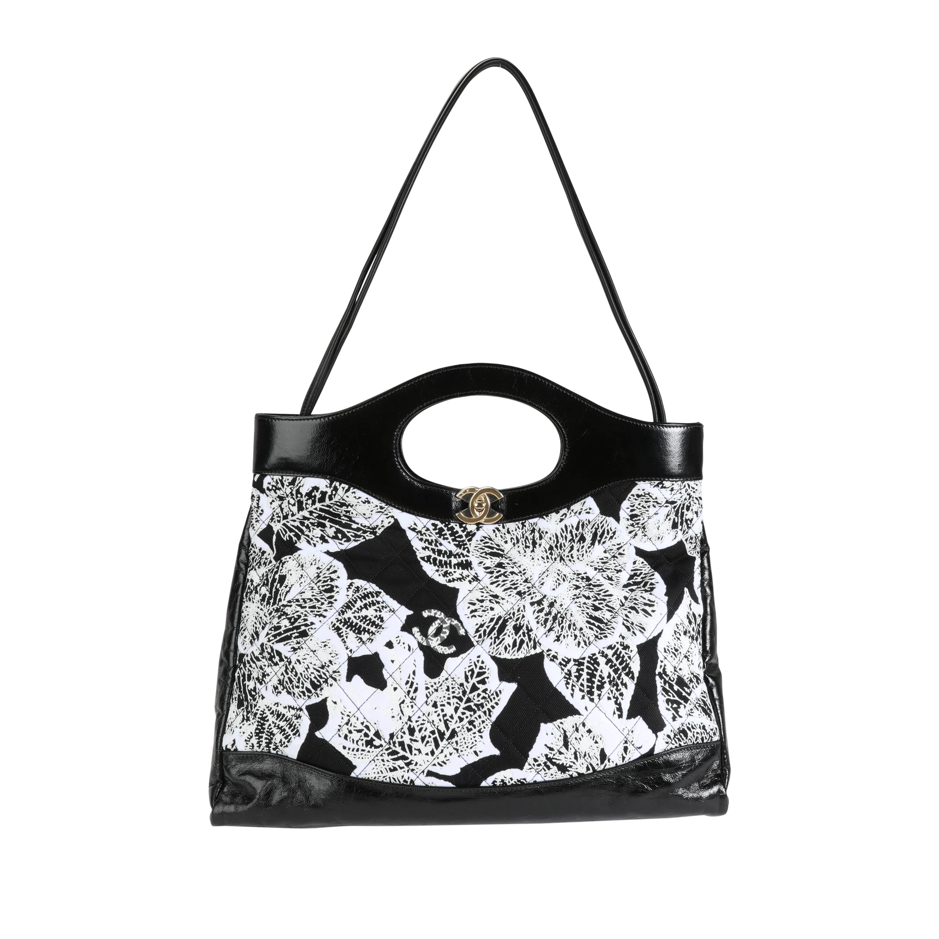 Chanel Black & White Floral Canvas and Calfskin Large 31 Bag