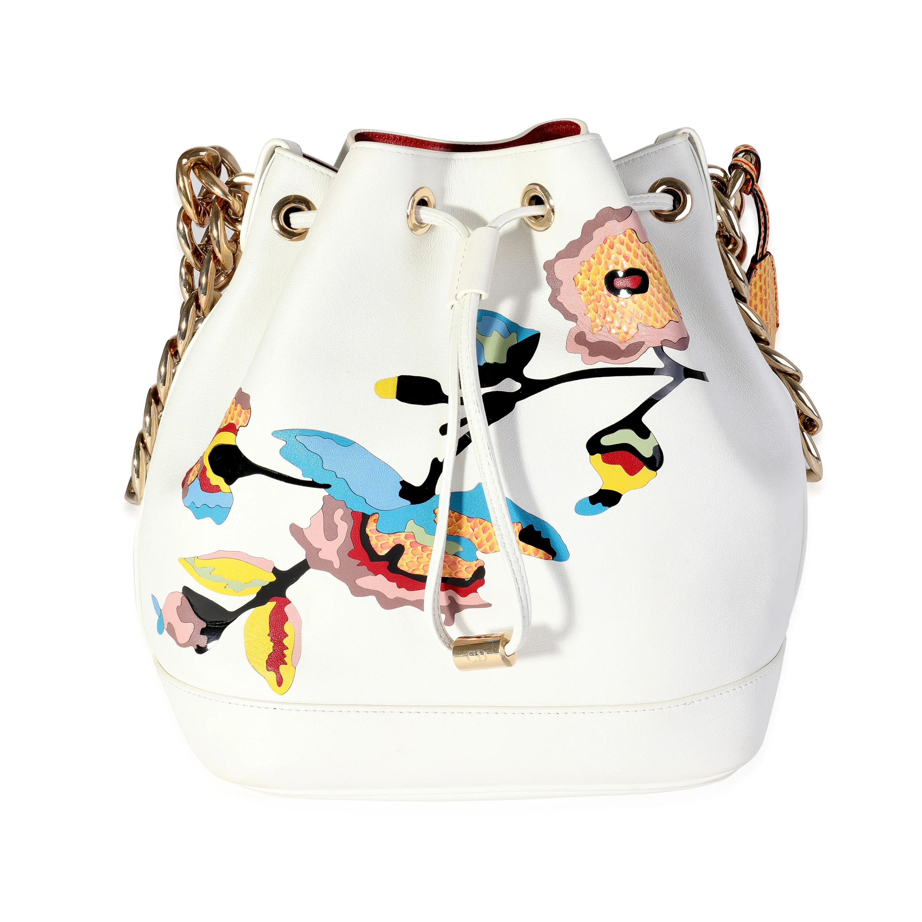 Dior White Calfskin & Multicolor Python Appliqué Paradise Bubble Bucket Bag