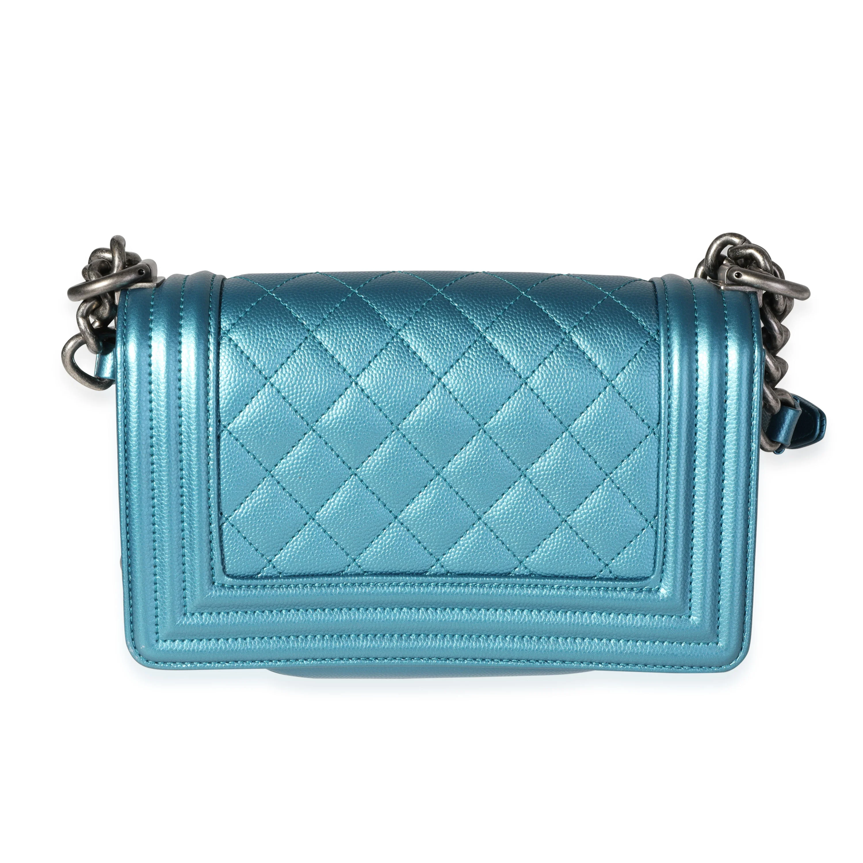 Chanel Blue Metallic Quilted Caviar Small Boy Bag - Image 3