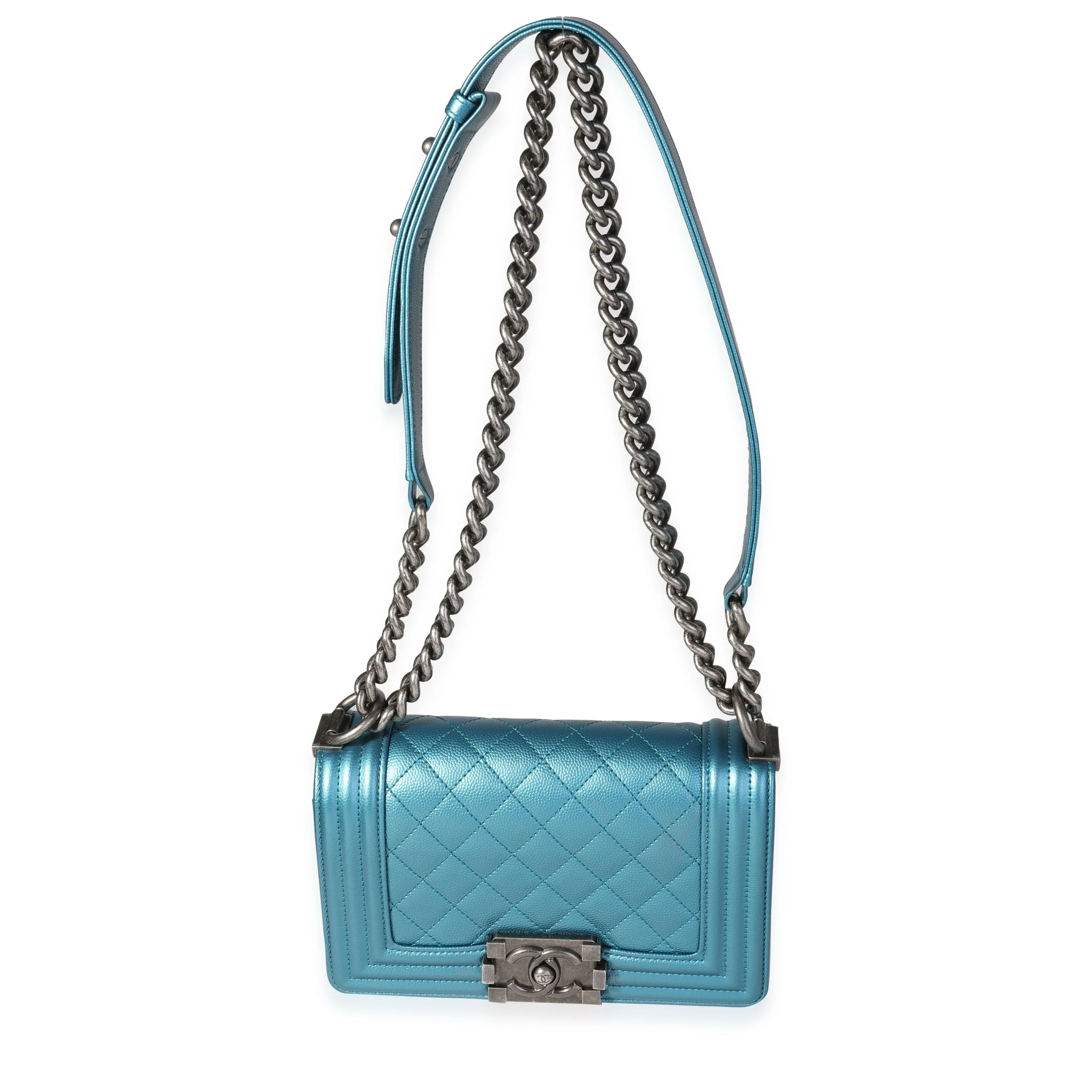 Chanel Blue Metallic Quilted Caviar Small Boy Bag - Image 4