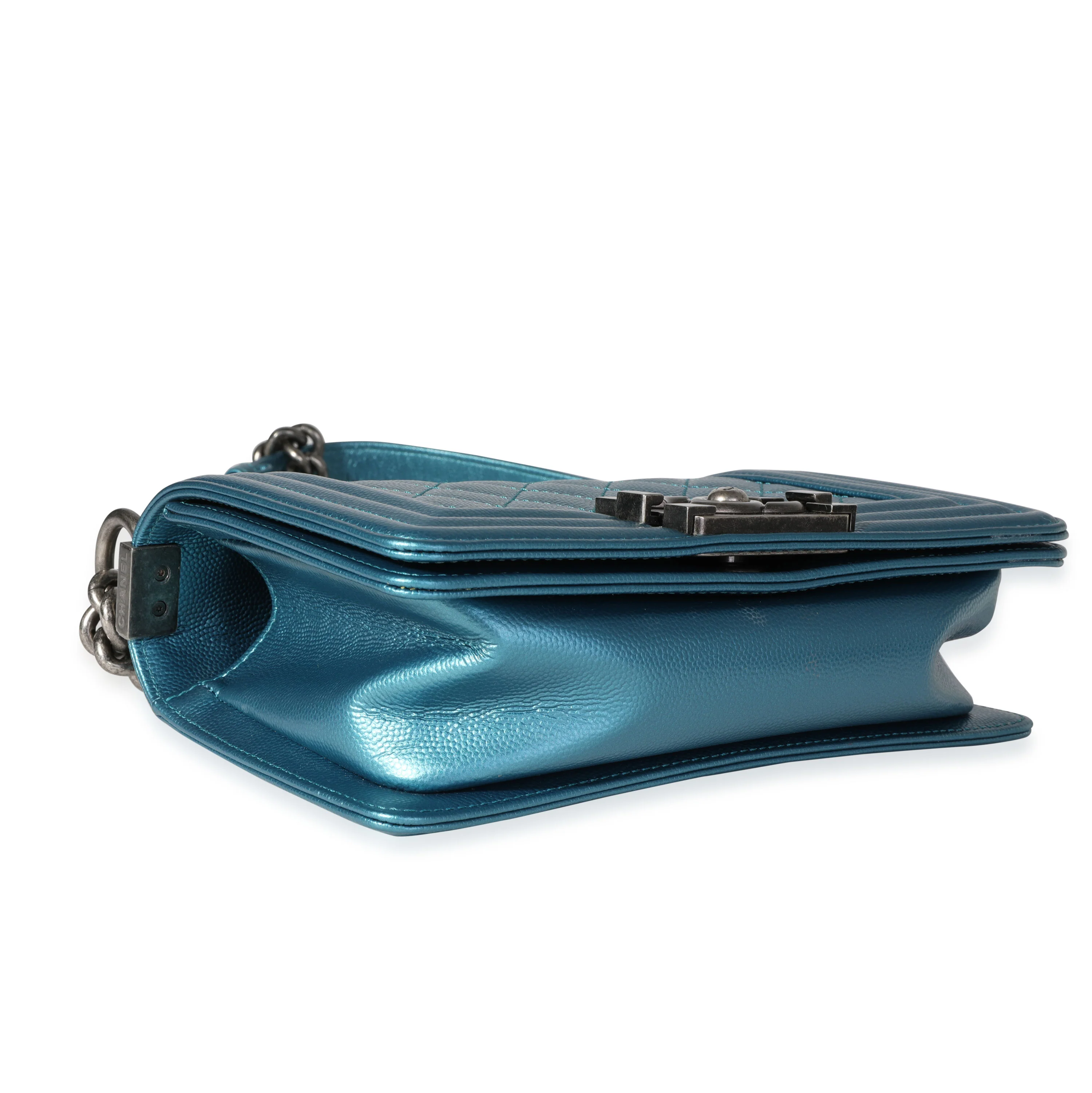 Chanel Blue Metallic Quilted Caviar Small Boy Bag - Image 7