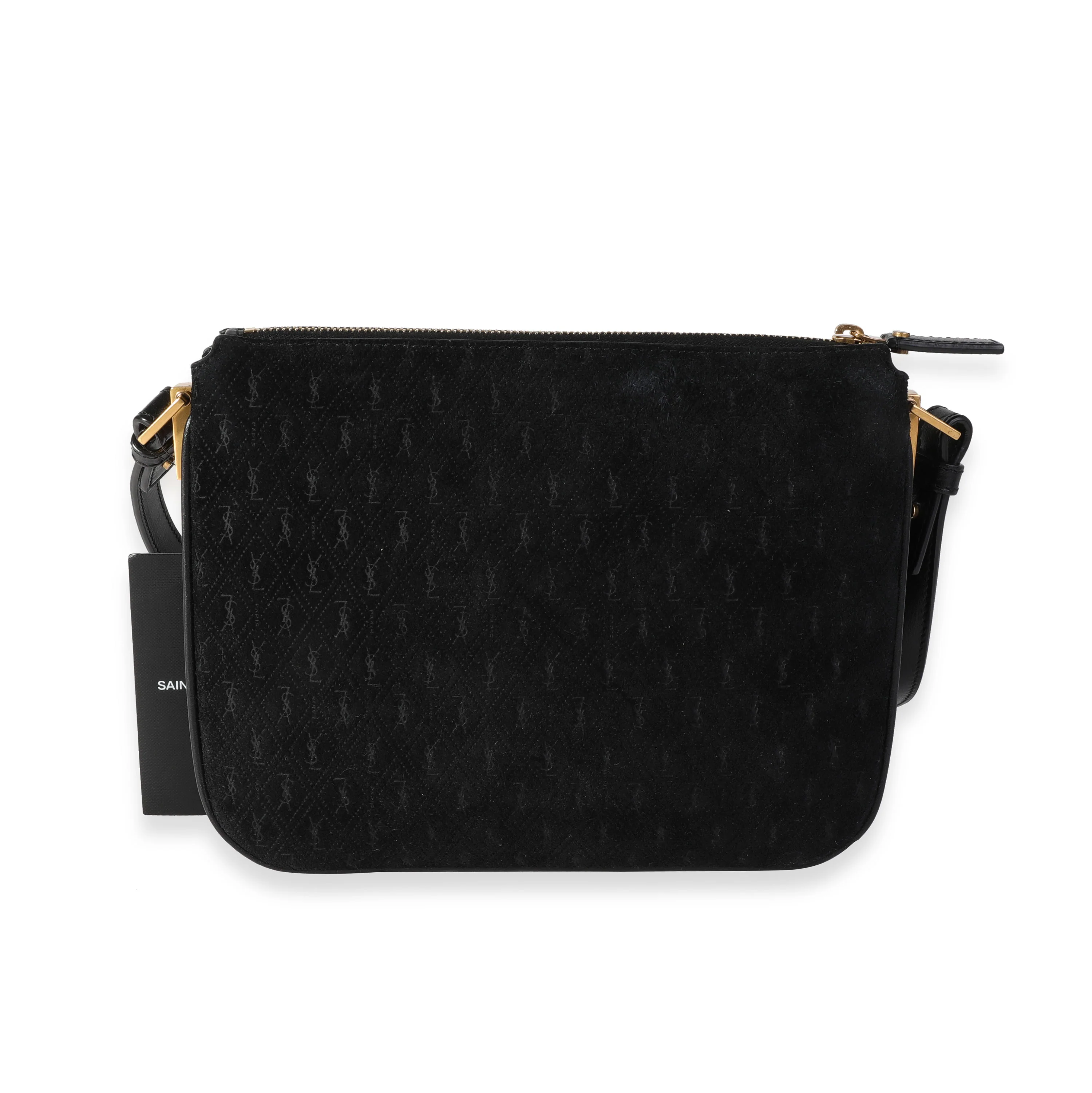 Saint Laurent Black Suede All Over Monogram Crossbody Bag - Image 3