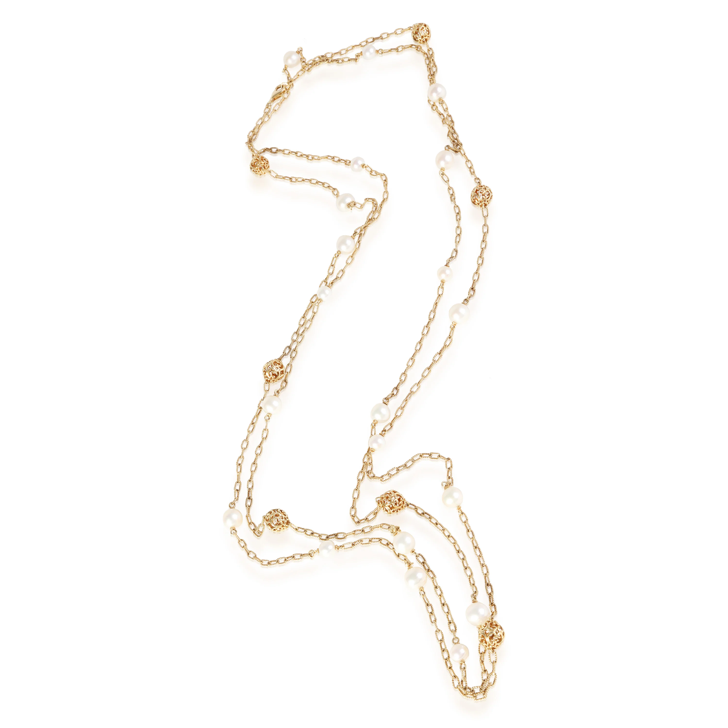 Pearl & Pierced Gold Bead Station Necklace in 14k Yellow Gold - Image 3