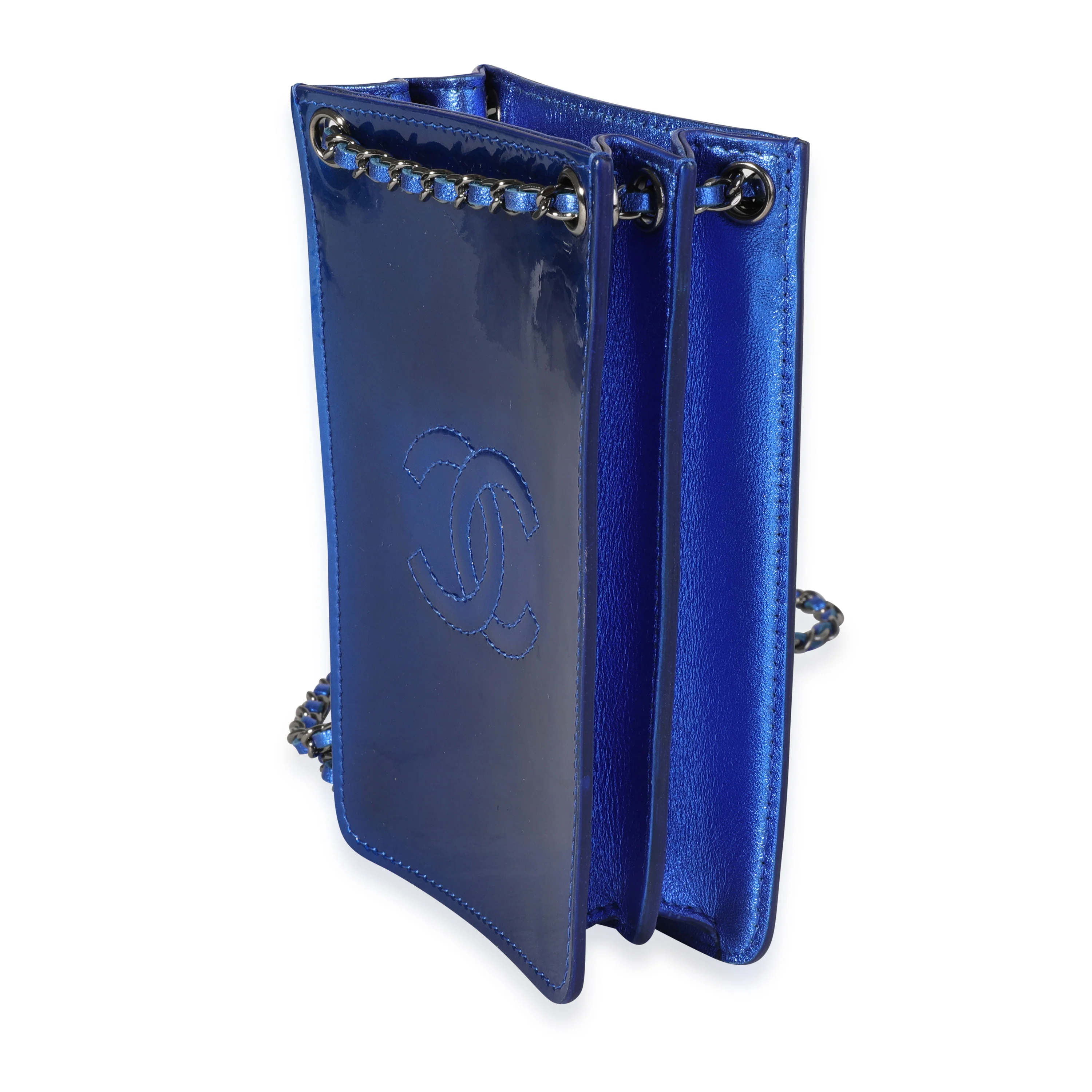 Chanel Metallic Blue Patent Leather CC O-Phone Holder Crossbody - Image 2