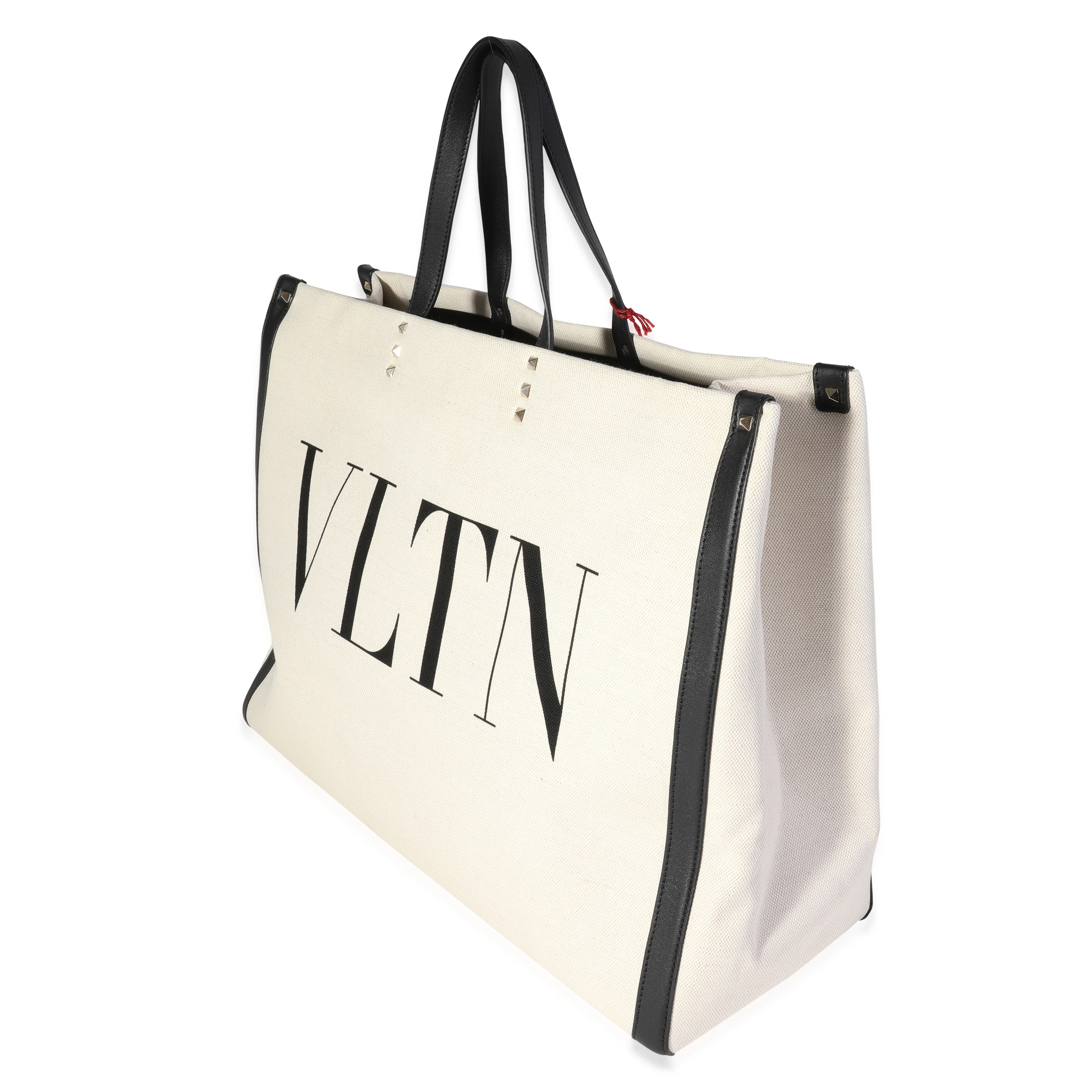 Valentino Natural Canvas & Black Leather VLTN Large Tote - Image 2