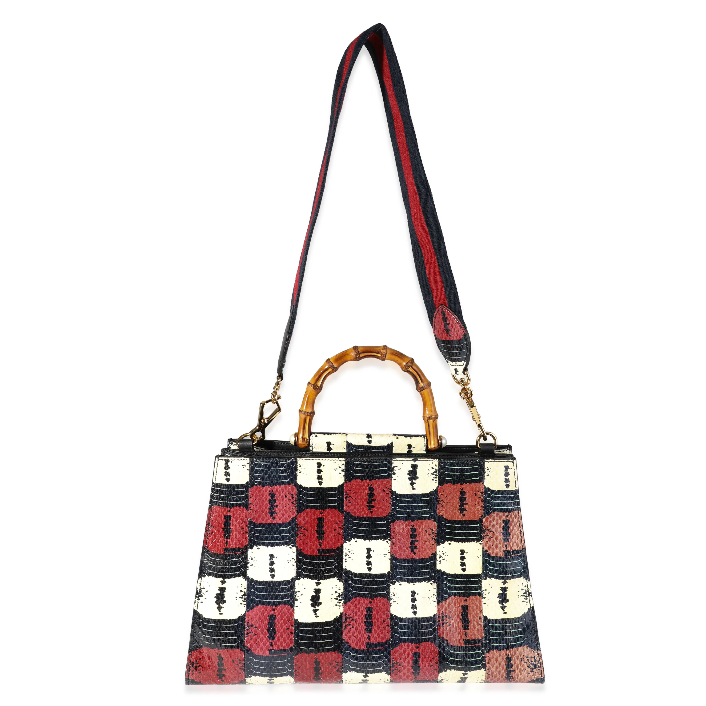 Red, White, & Blue Water Snake Large Nymphaea Bamboo Top Handle Bag - Image 8